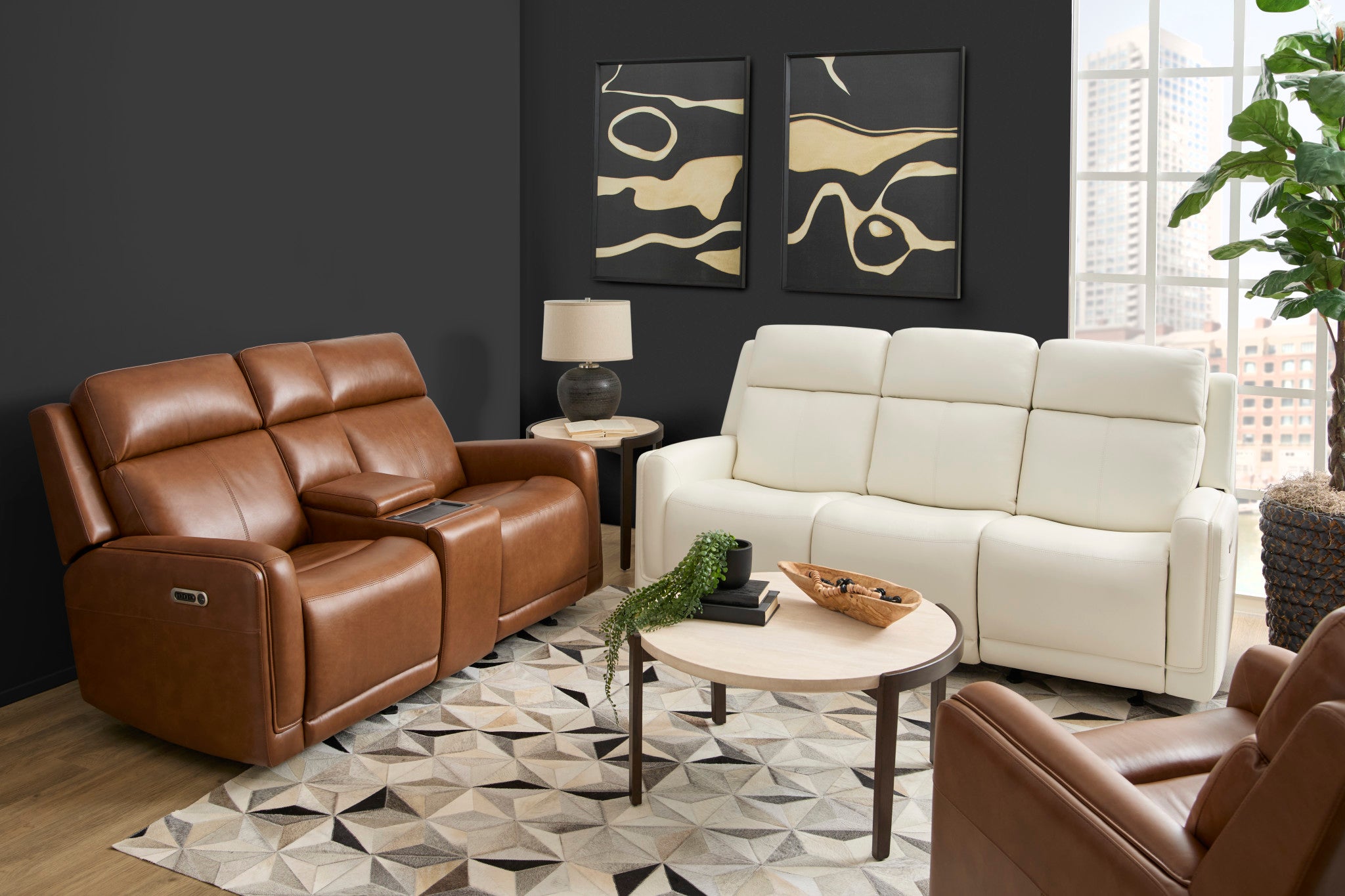 Alister Leather Power Gliding Loveseat with Console, Power Headrests & Lumbar