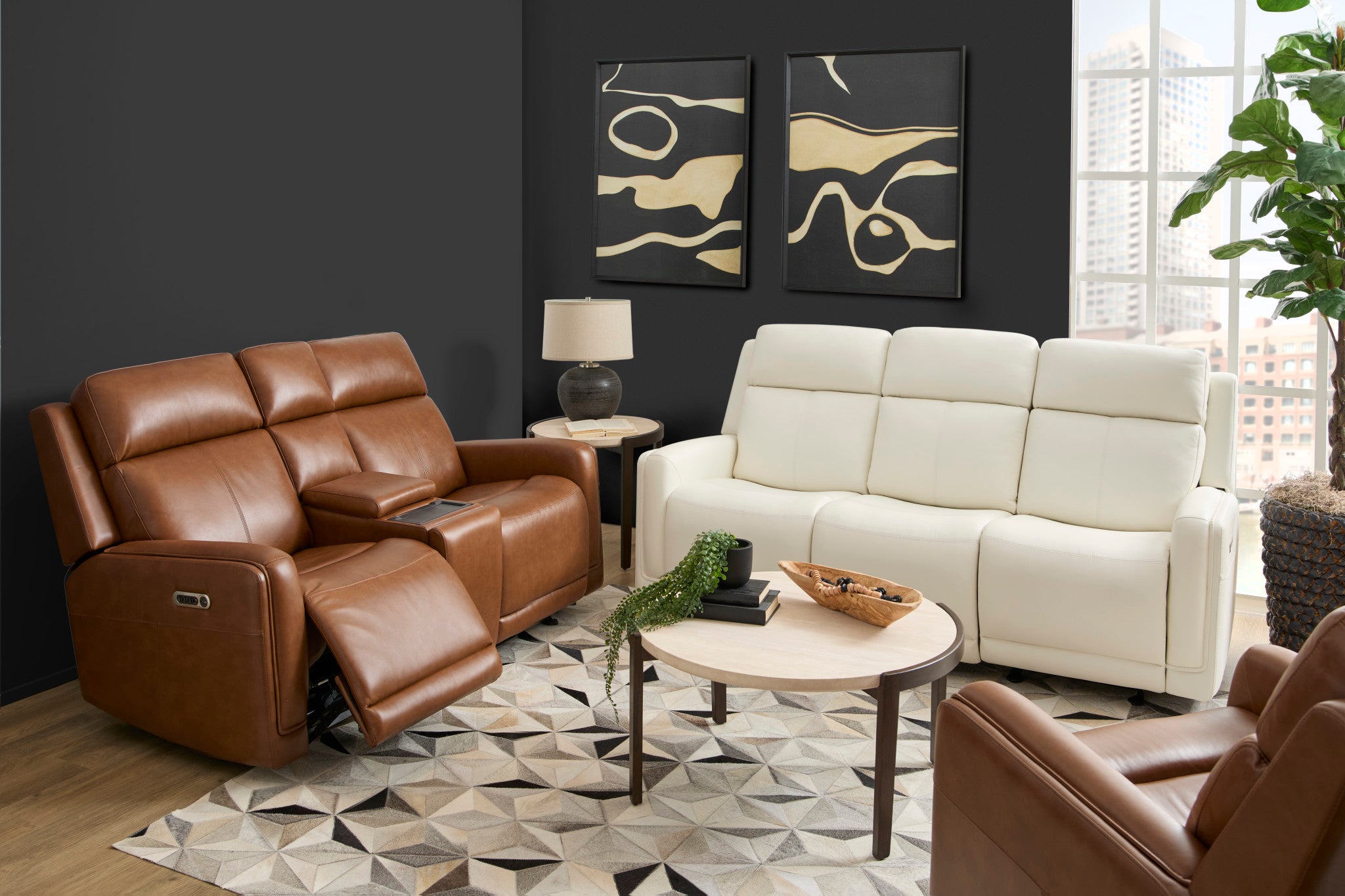 Alister Leather Power Gliding Loveseat with Console, Power Headrests & Lumbar