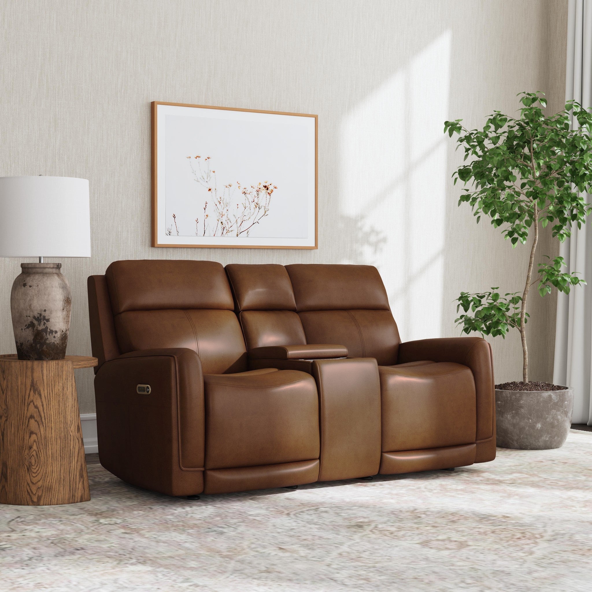 Alister Leather Power Gliding Loveseat with Console, Power Headrests & Lumbar