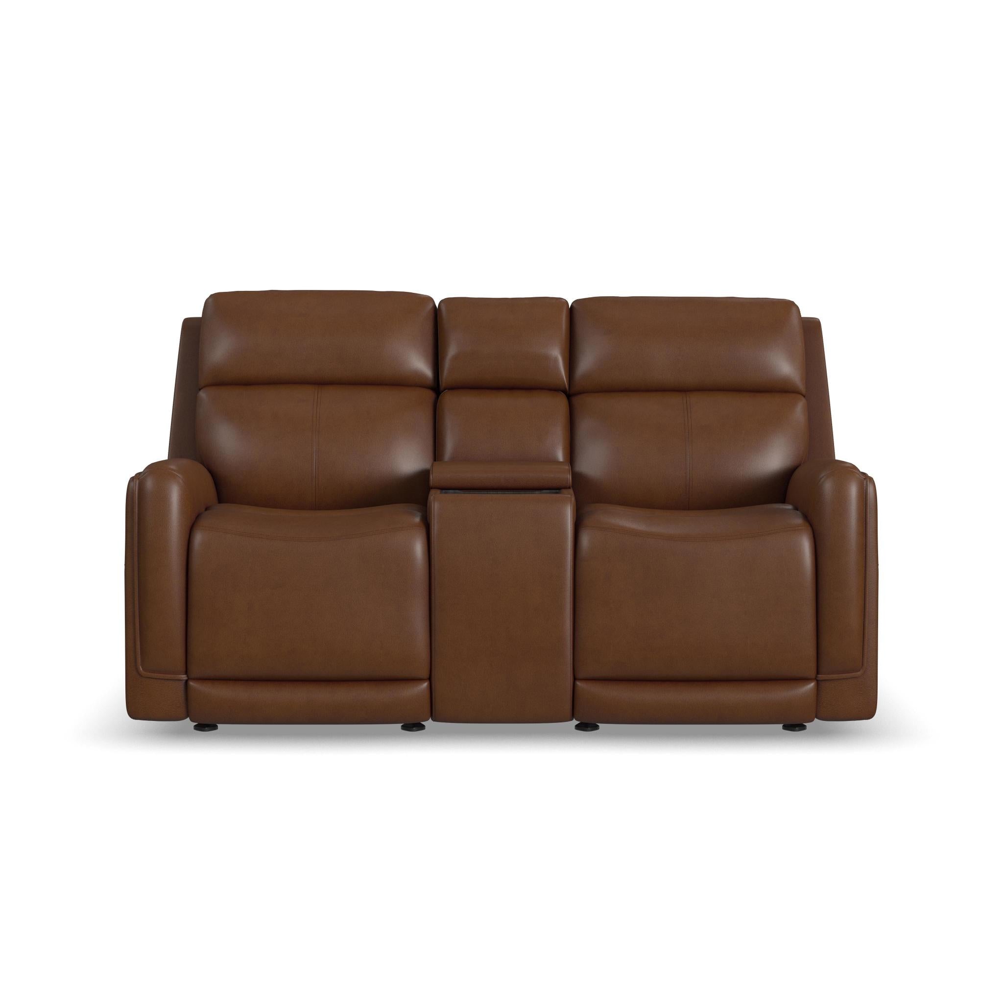 Alister Leather Power Gliding Loveseat with Console, Power Headrests & Lumbar