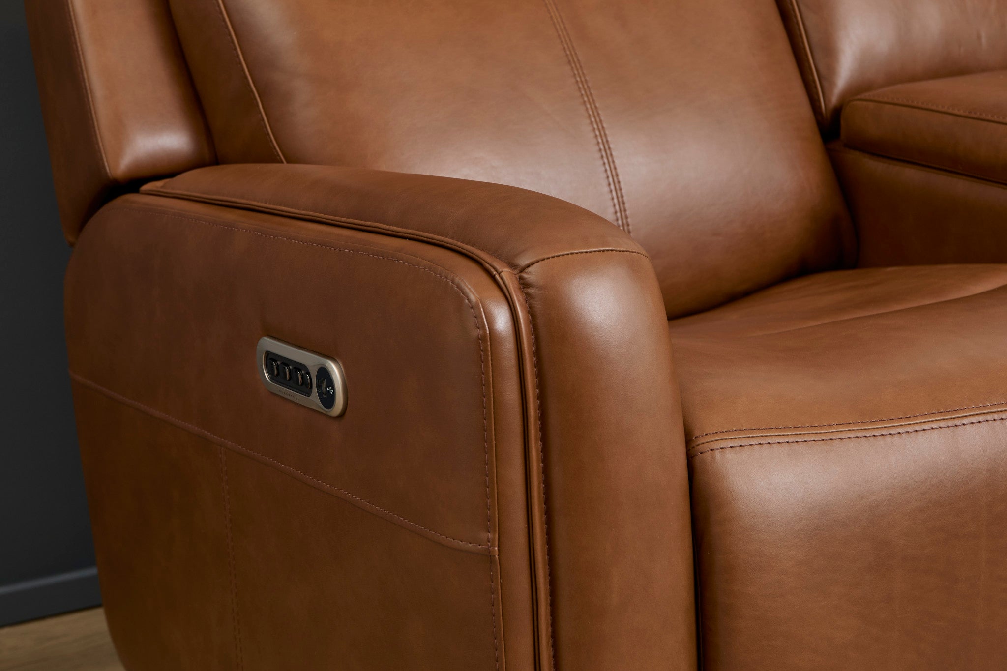 Alister Leather Power Gliding Loveseat with Console, Power Headrests & Lumbar