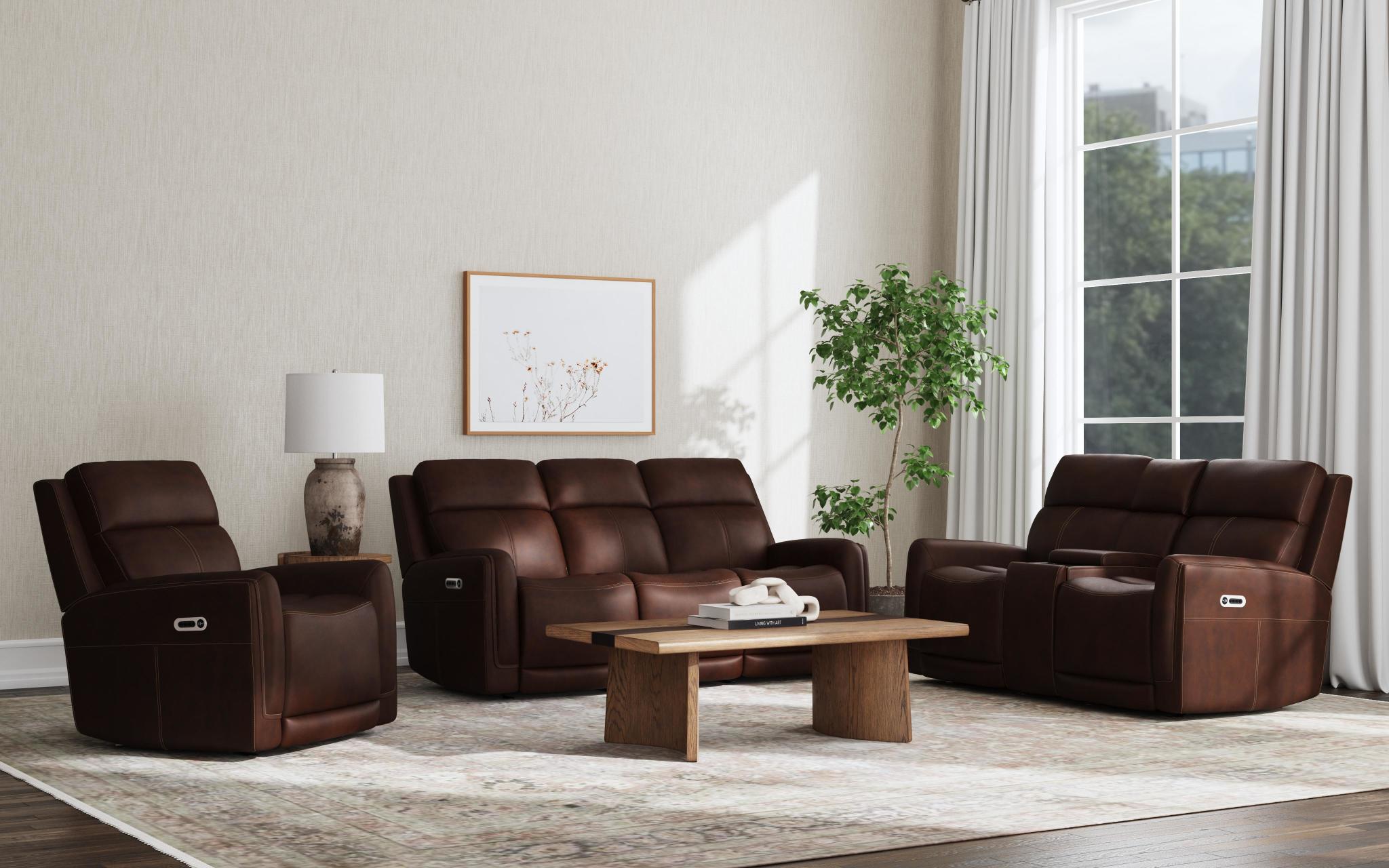 Alister Burnt Umber Leather Power Gliding Loveseat with Console