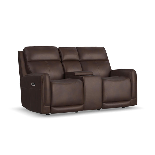 Alister Leather Power Gliding Loveseat with Console, Power Headrests & Lumbar