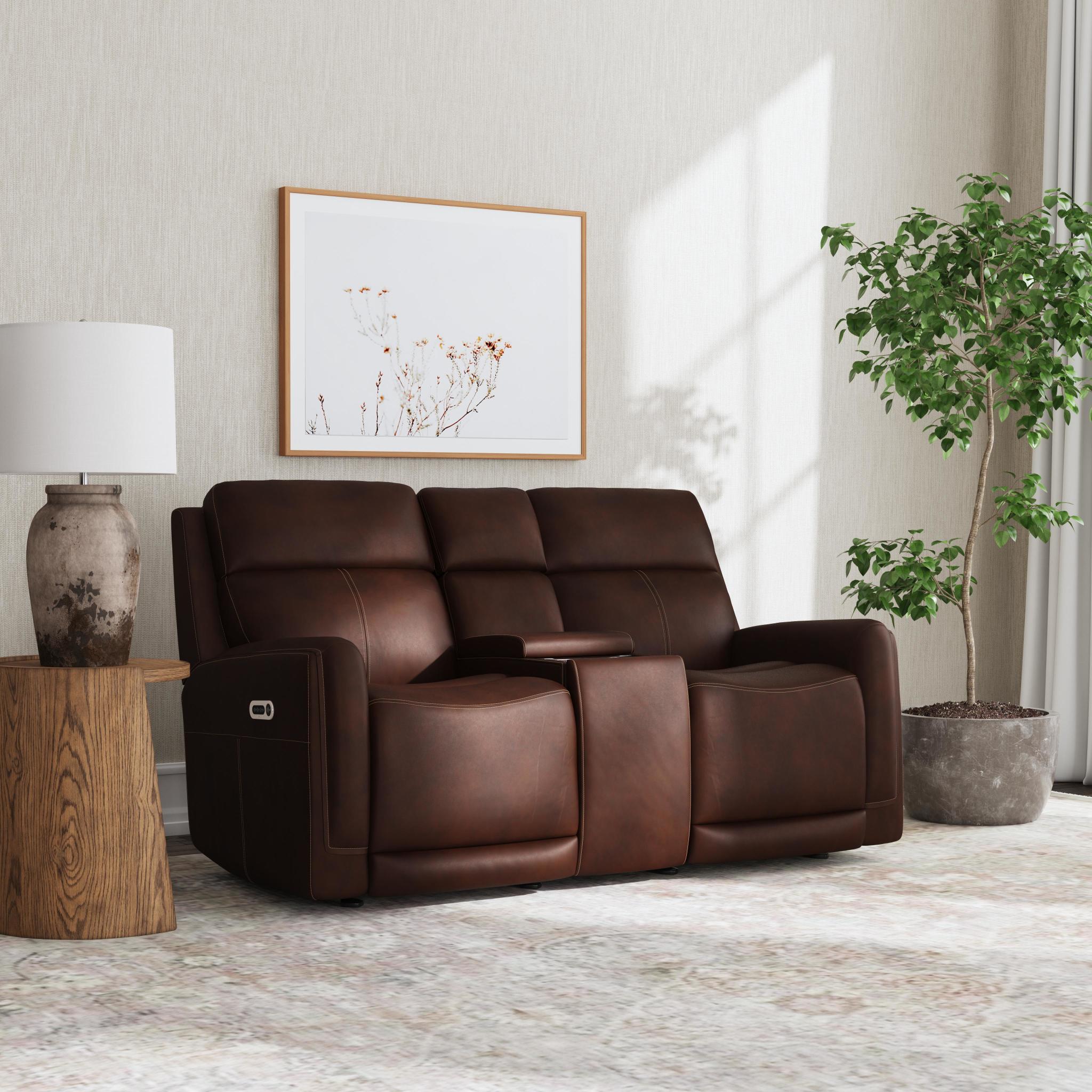 Alister Leather Power Gliding Loveseat with Console, Power Headrests & Lumbar