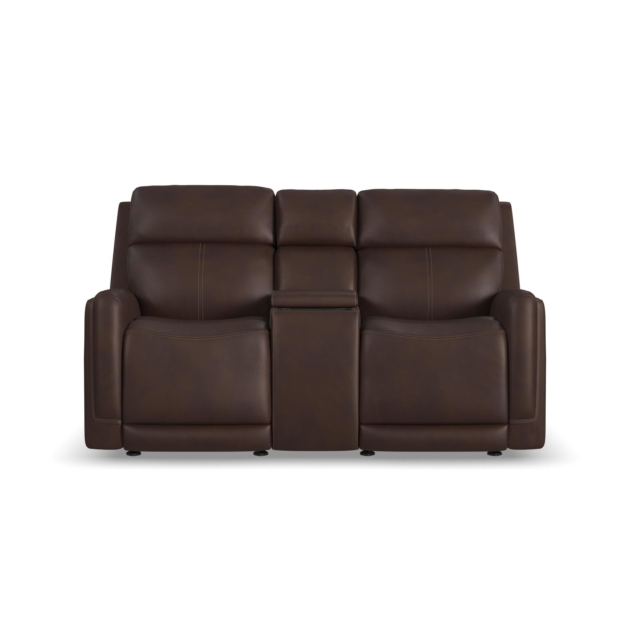 Alister Leather Power Gliding Loveseat with Console, Power Headrests & Lumbar