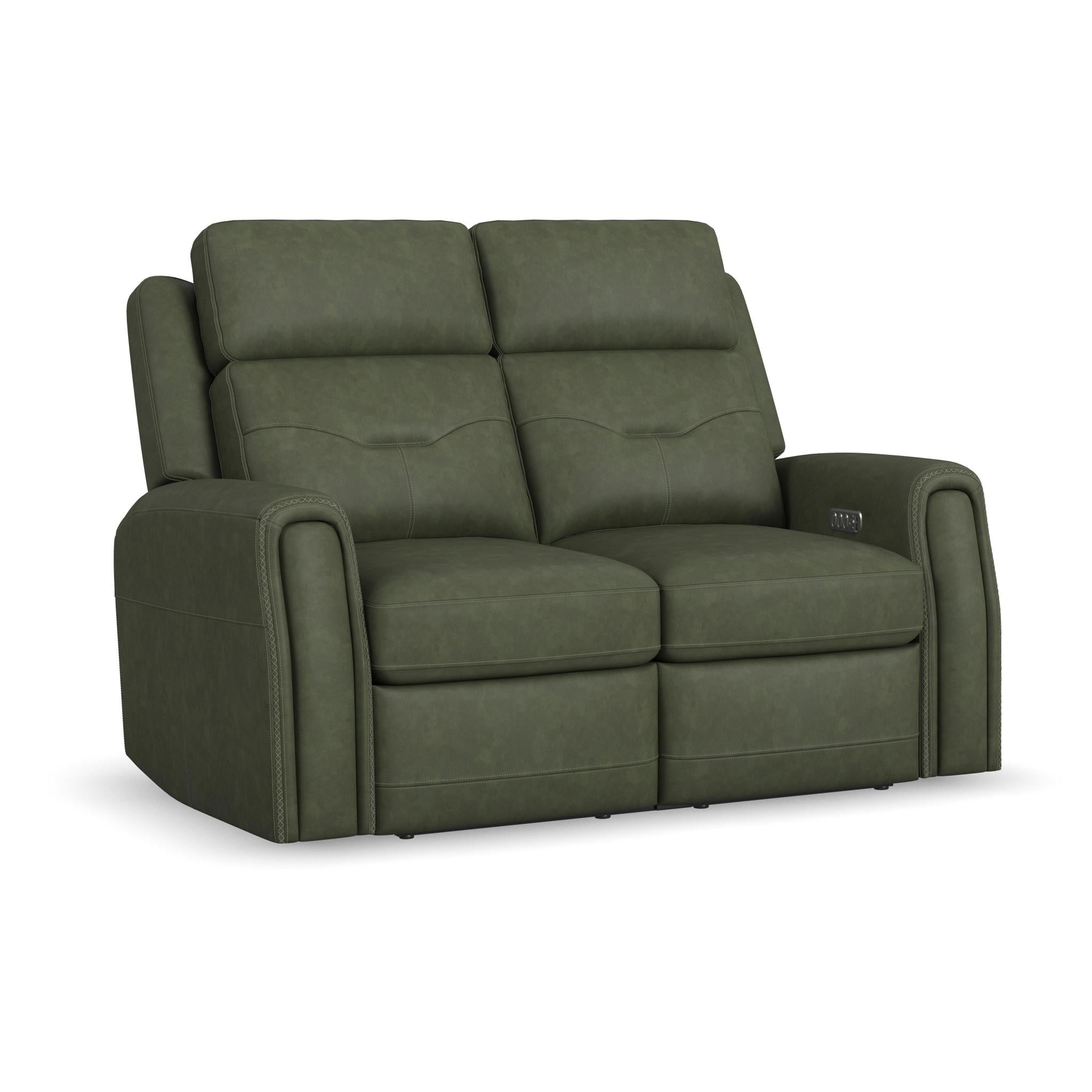 Felix Forest Green Leather Power Reclining Loveseat with Power Headrest, Lumbar, Heat & Massage