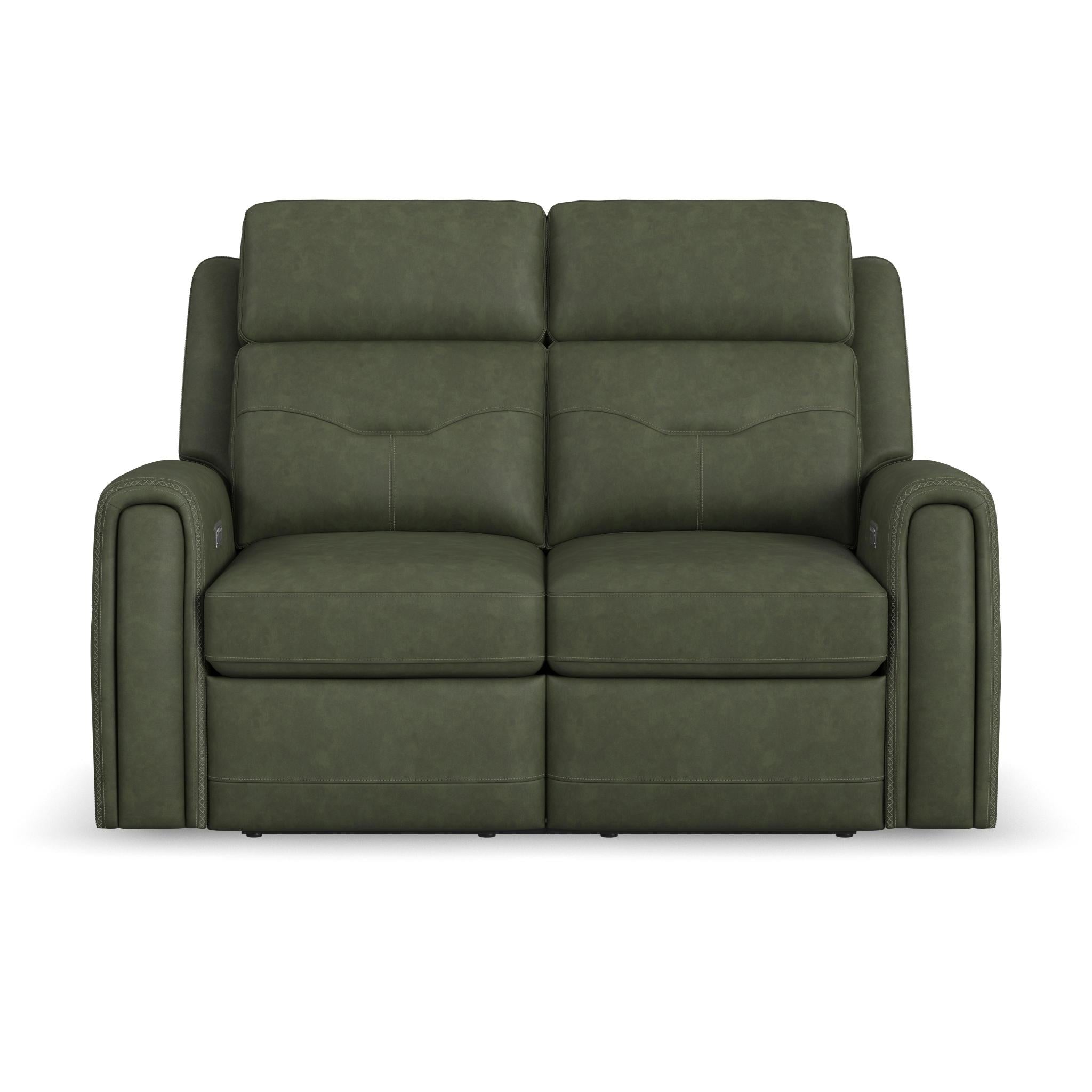 Felix Forest Green Leather Power Reclining Loveseat with Power Headrest, Lumbar, Heat & Massage