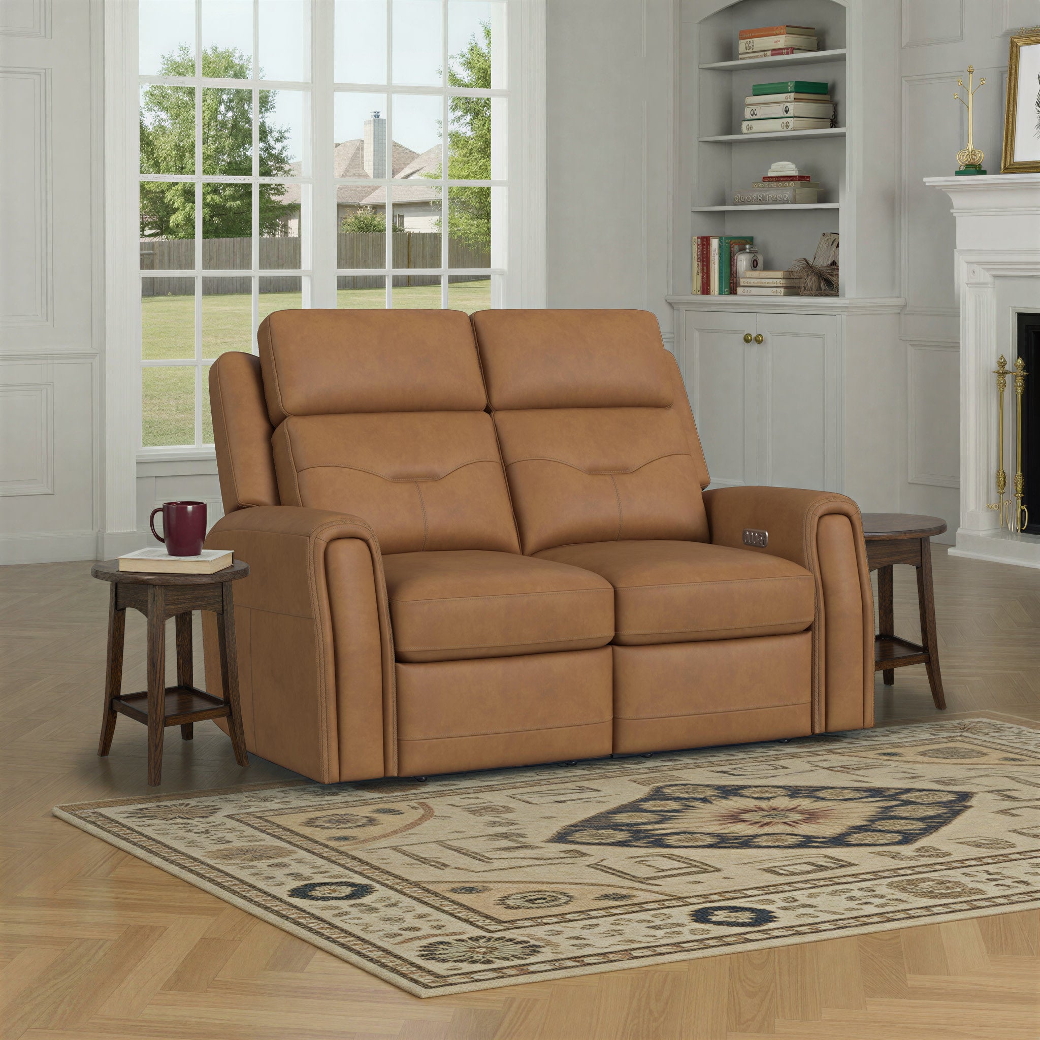 Felix Toasted Almond Leather Power Reclining Loveseat with Power Headrest, Lumbar, Heat & Massage