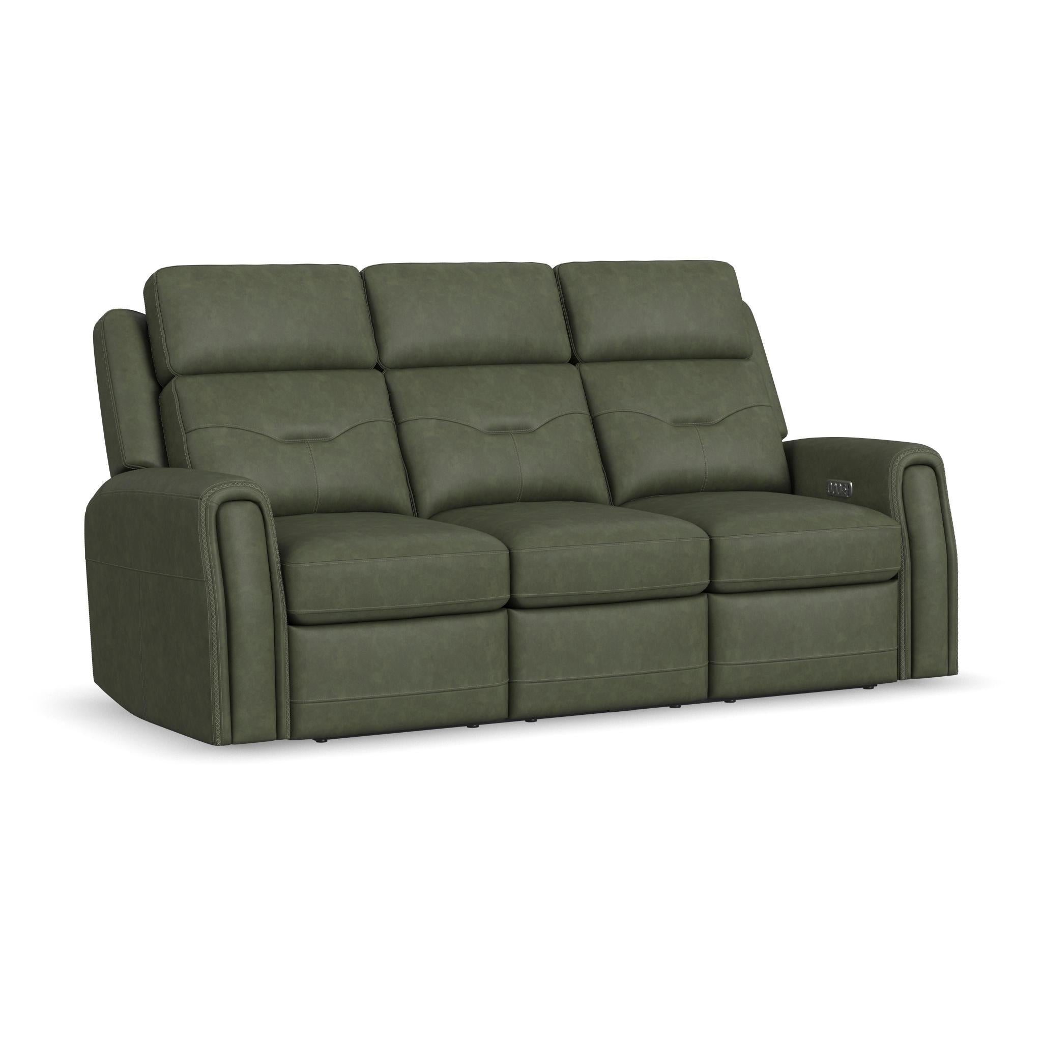 Felix Forest Green Leather Power Reclining Sofa with Power Headrest, Lumbar, Heat & Massage