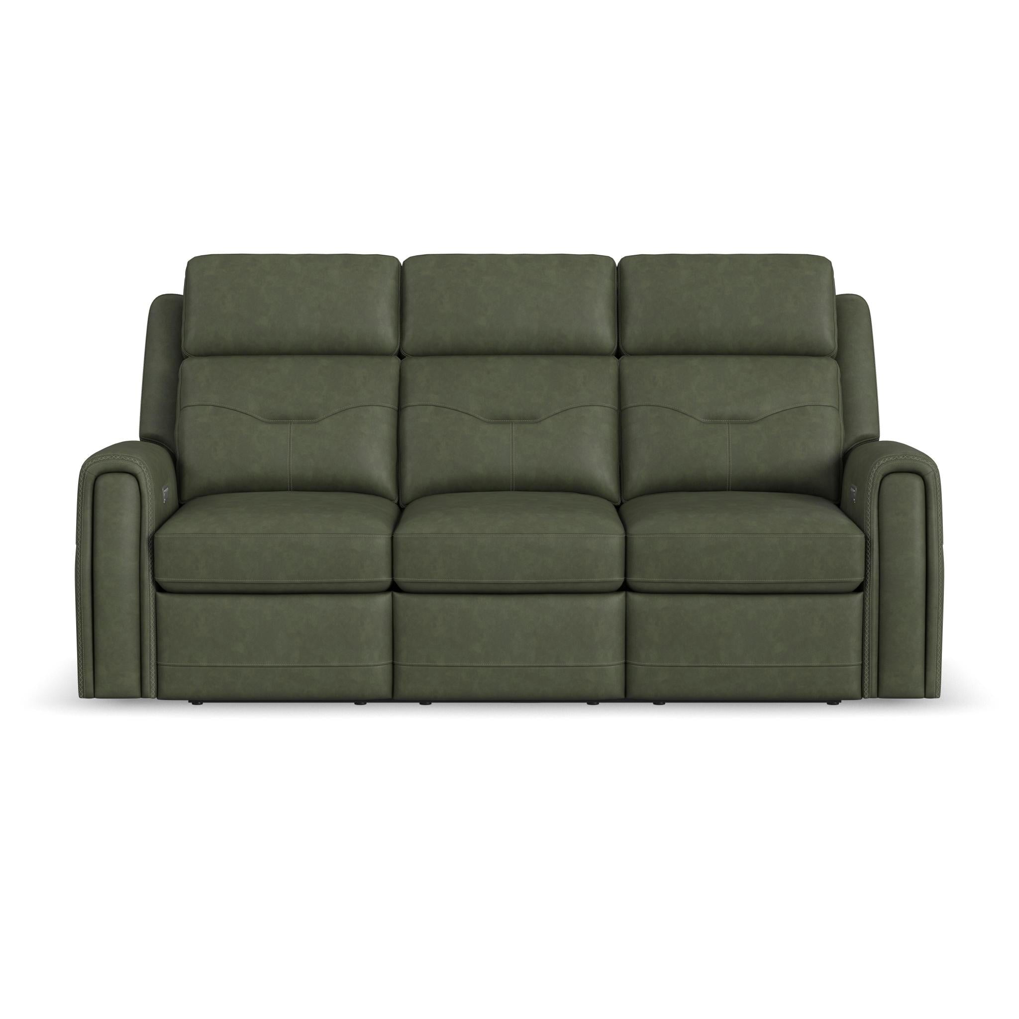 Felix Forest Green Leather Power Reclining Sofa with Power Headrest, Lumbar, Heat & Massage