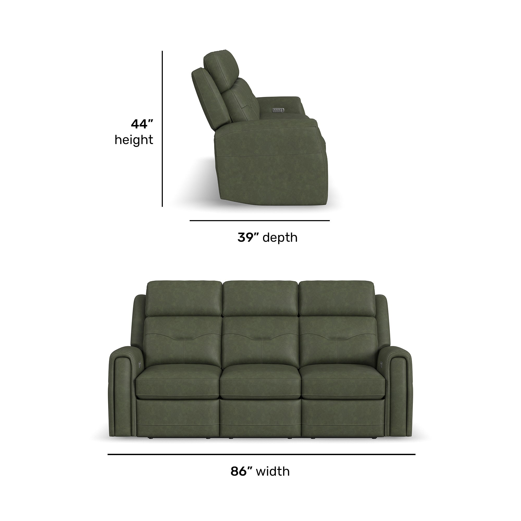 Felix Forest Green Leather Power Reclining Sofa with Power Headrest, Lumbar, Heat & Massage