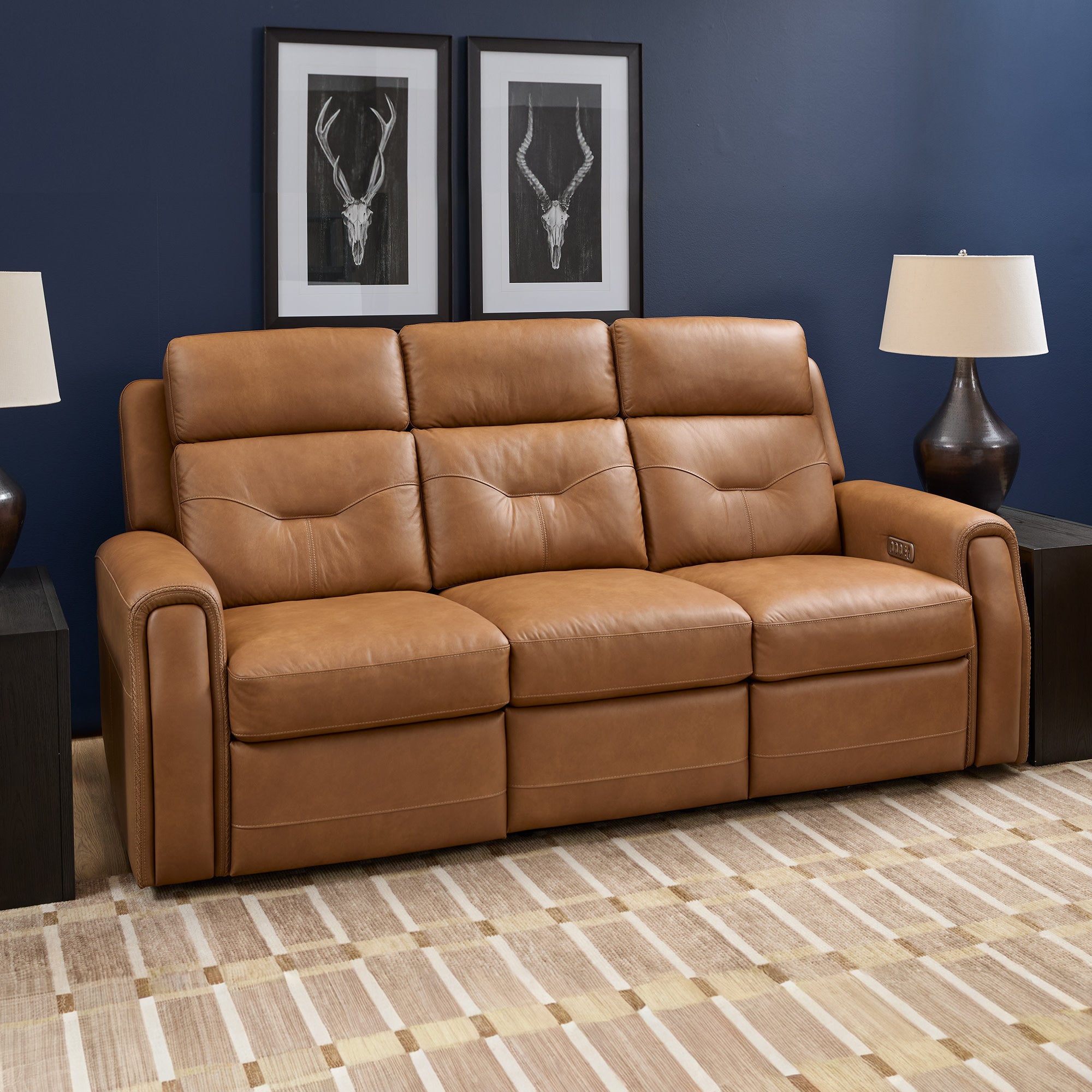 Felix Toasted Almond Leather Power Reclining Sofa with Power Headrest, Lumbar, Heat & Massage