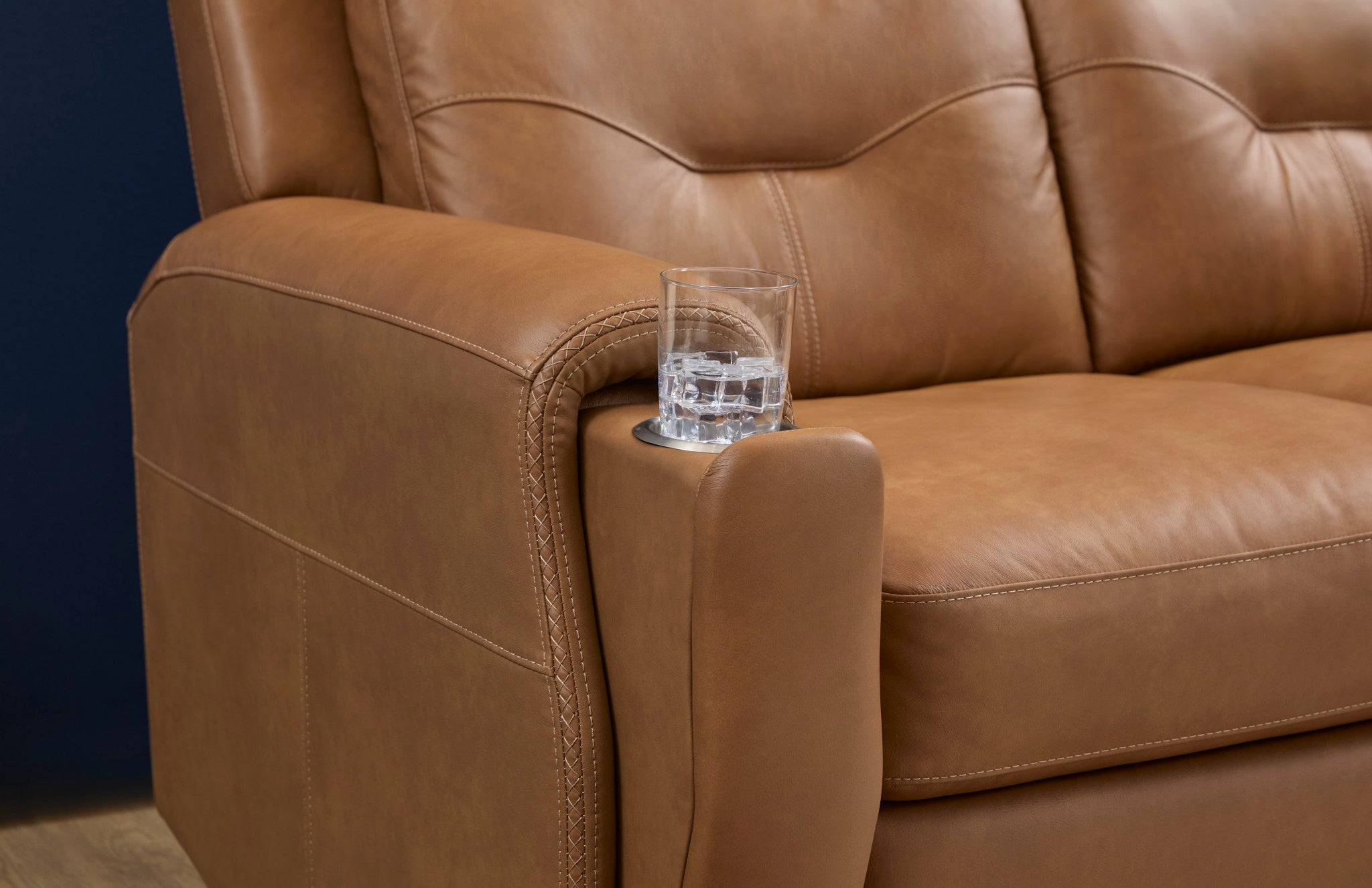 Felix Toasted Almond Leather Power Reclining Sofa with Power Headrest, Lumbar, Heat & Massage