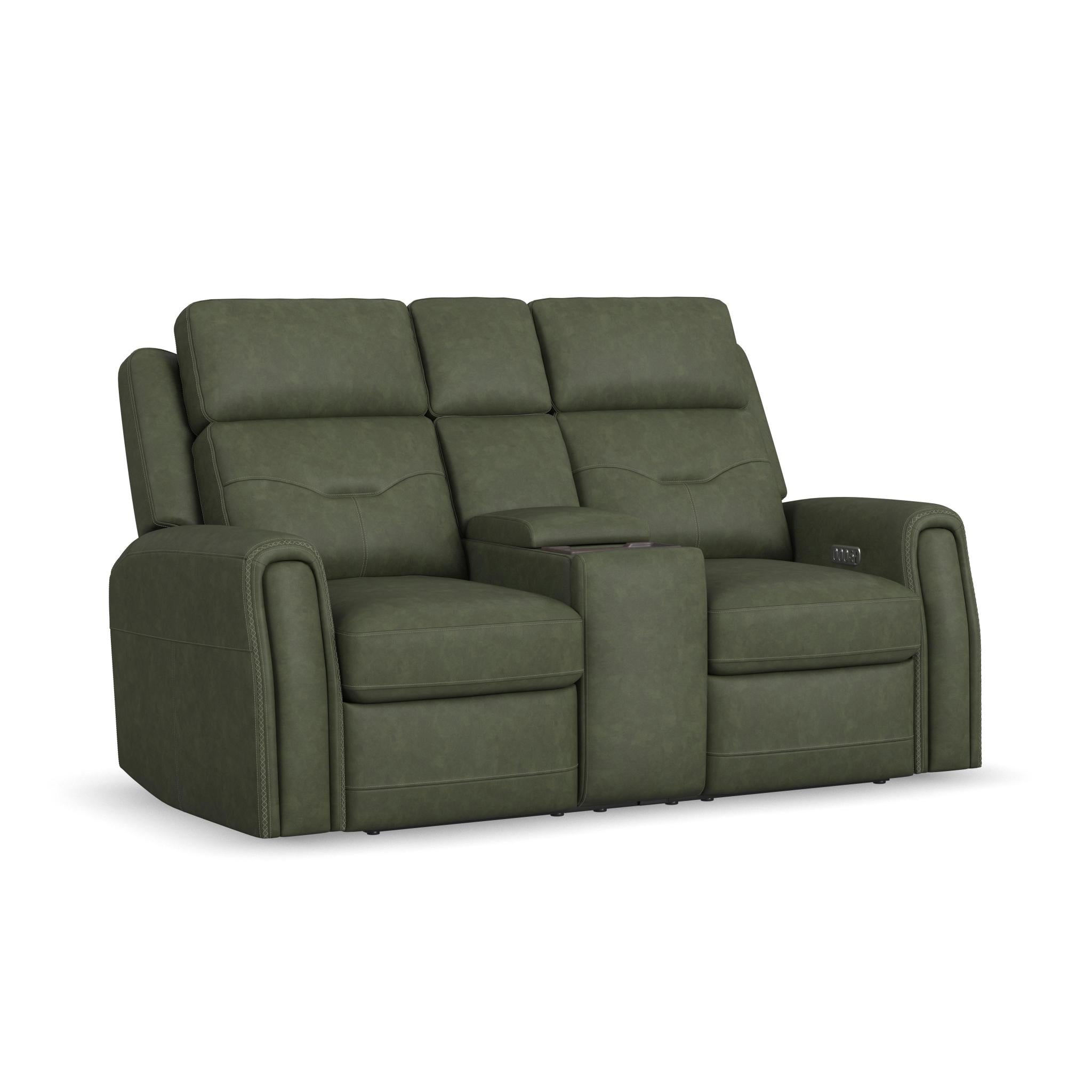 Felix Forest Green Leather Power Reclining Loveseat with Console, Power Headrest, Lumbar, Heat & Massage