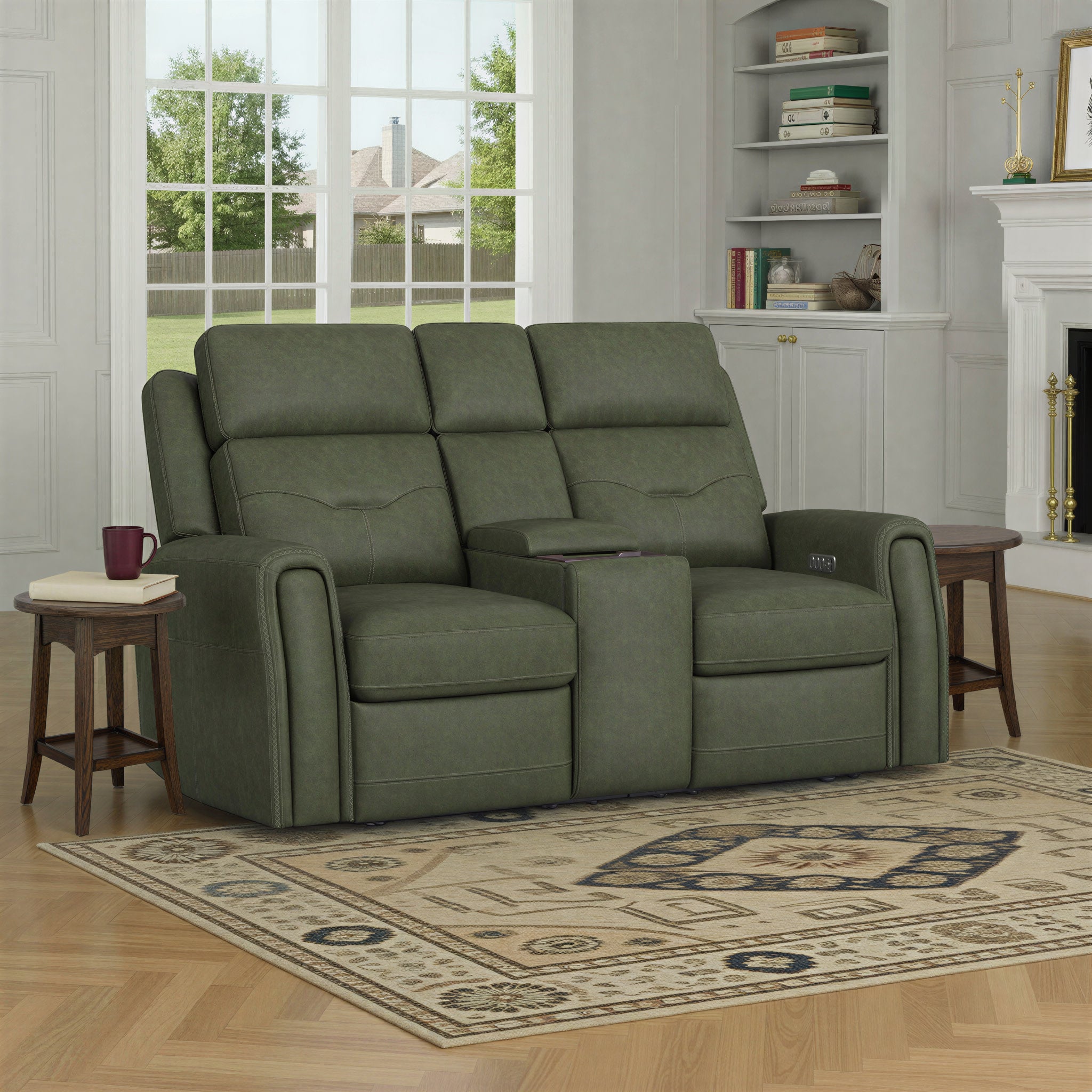 Felix Forest Green Leather Power Reclining Loveseat with Console, Power Headrest, Lumbar, Heat & Massage