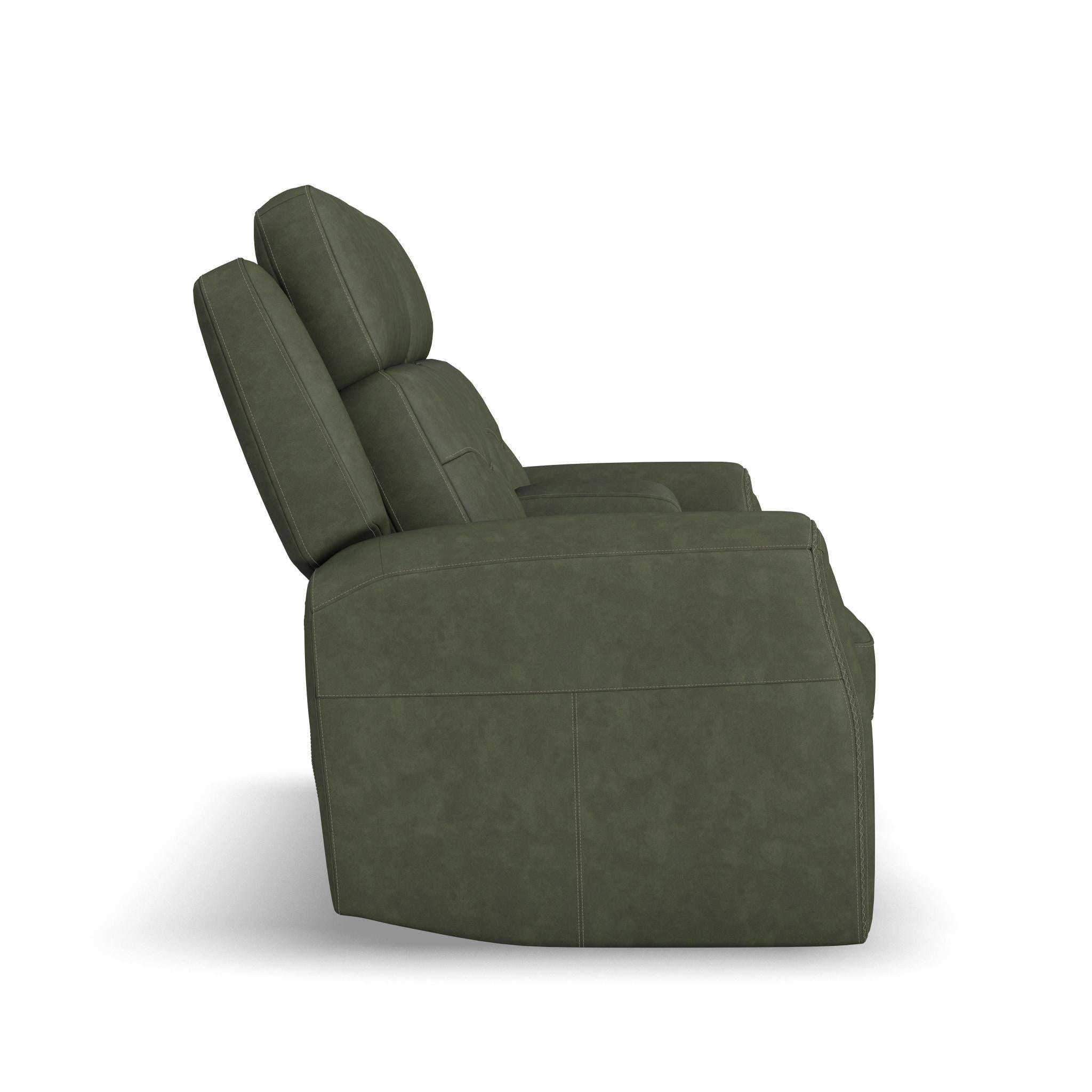Felix Forest Green Leather Power Reclining Loveseat with Console, Power Headrest, Lumbar, Heat & Massage