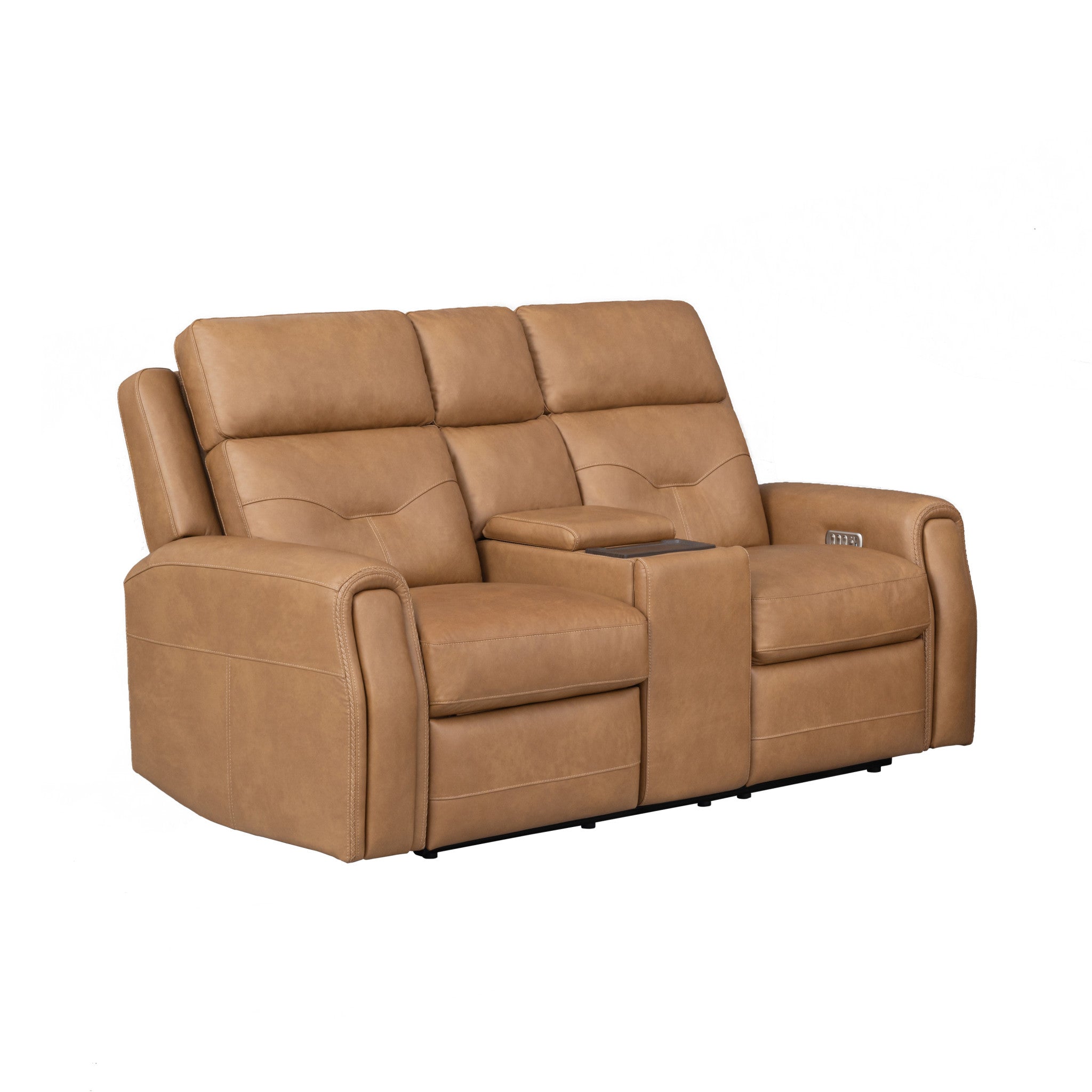 Felix Toasted Almond Leather Power Reclining Loveseat with Console, Power Headrest, Lumbar, Heat & Massage