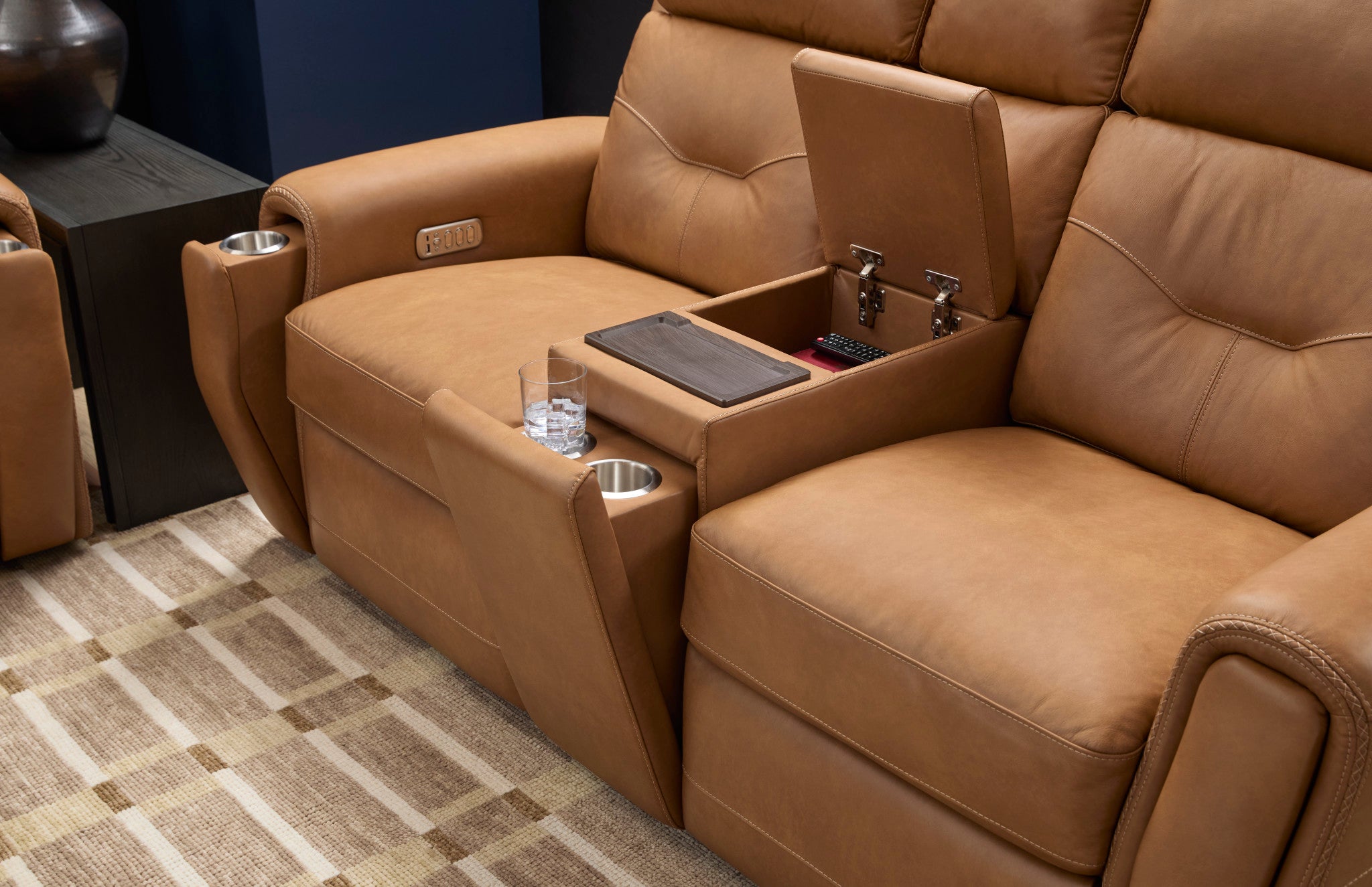 Felix Toasted Almond Leather Power Reclining Loveseat with Console, Power Headrest, Lumbar, Heat & Massage