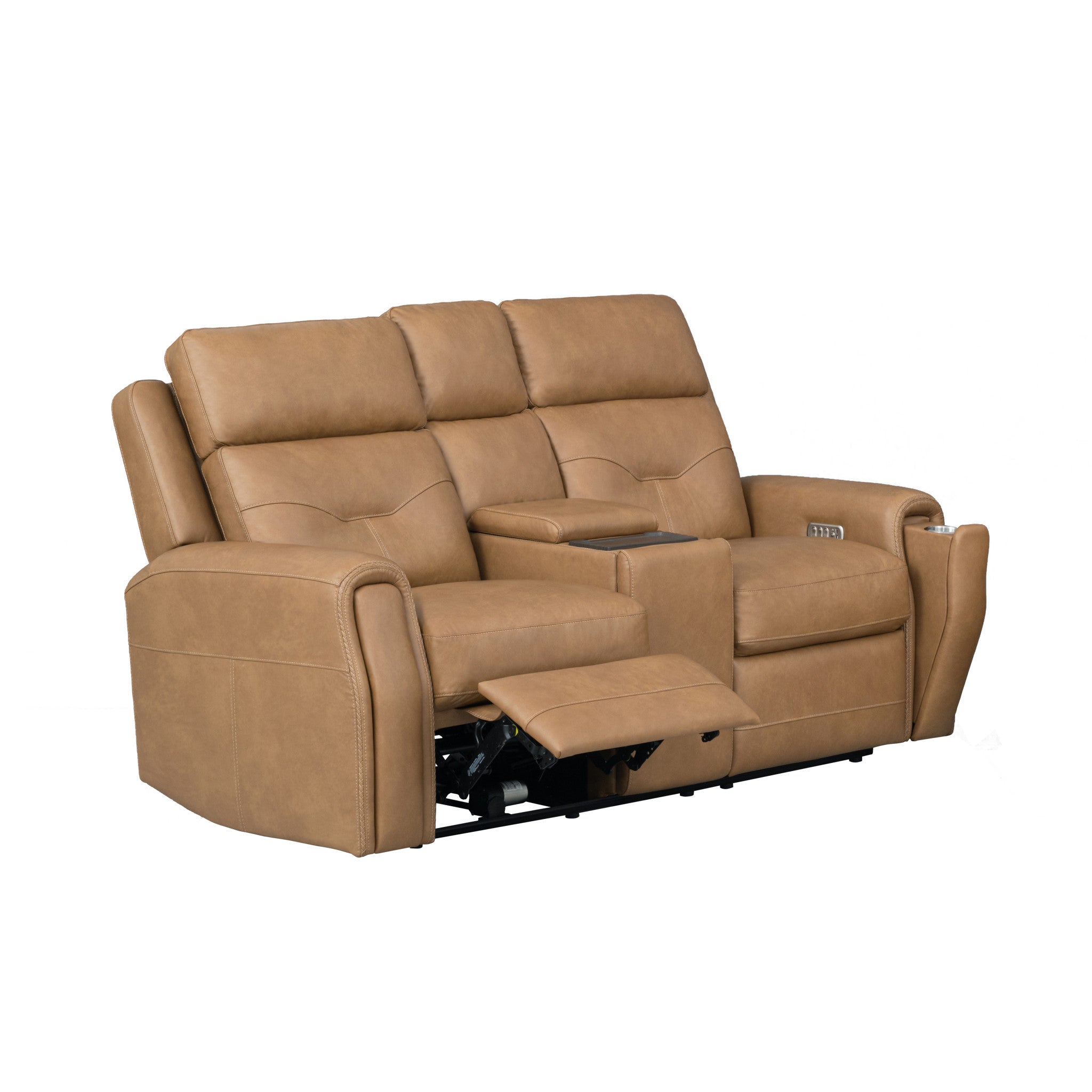 Felix Toasted Almond Leather Power Reclining Loveseat with Console, Power Headrest, Lumbar, Heat & Massage
