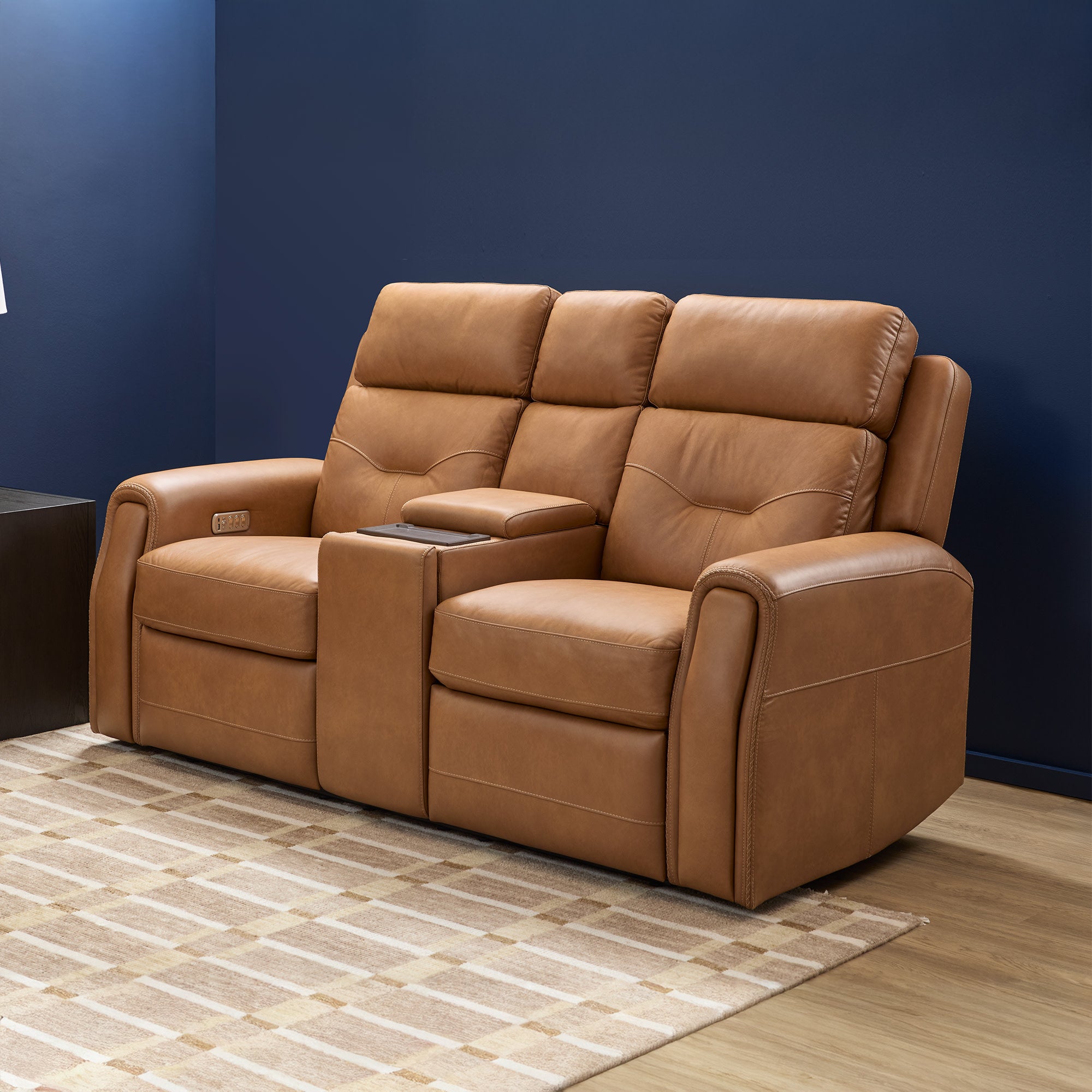 Felix Leather Power Reclining Loveseat with Console, Power Headrest, Lumbar, Heat & Massage