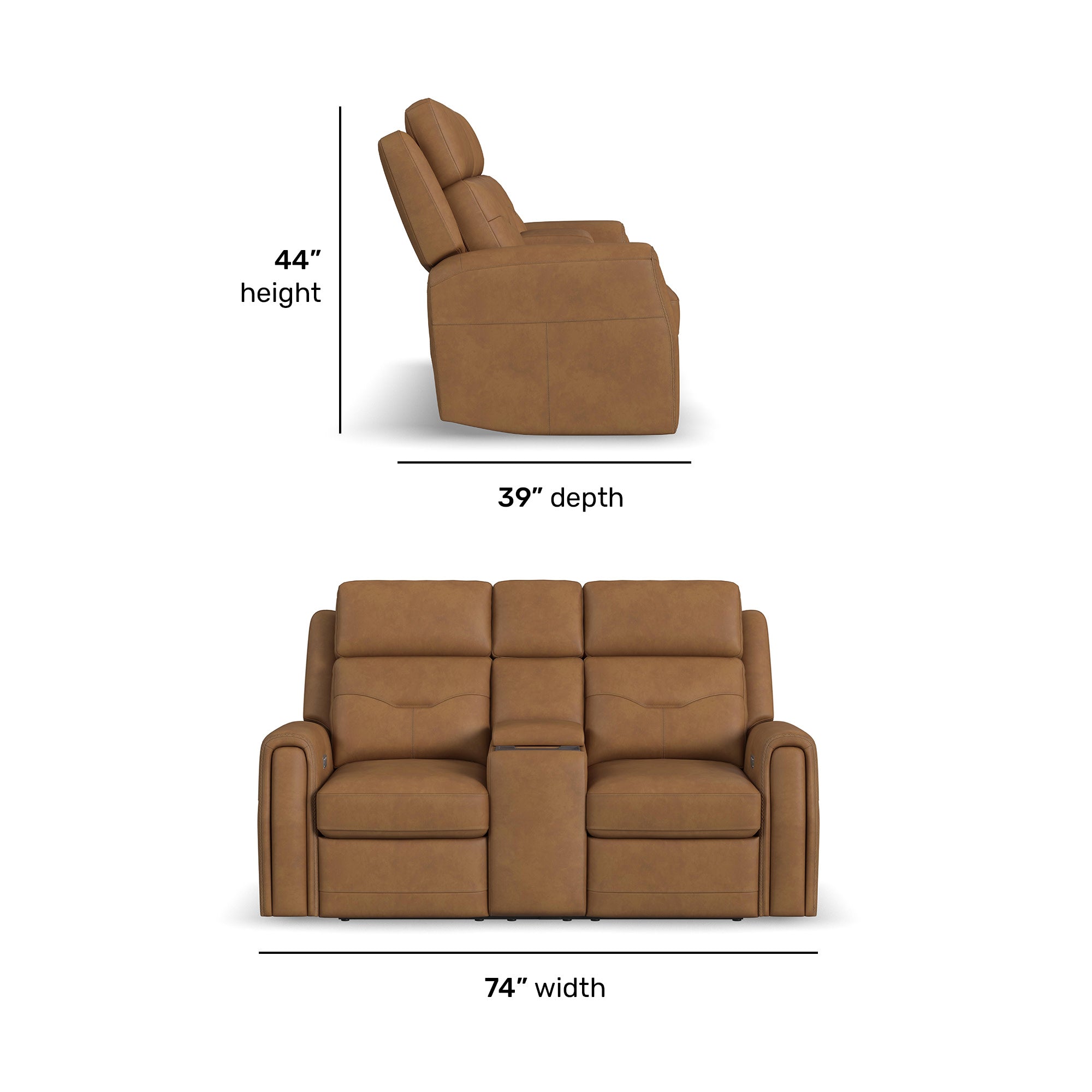 Felix Leather Power Reclining Loveseat with Console, Power Headrest, Lumbar, Heat & Massage