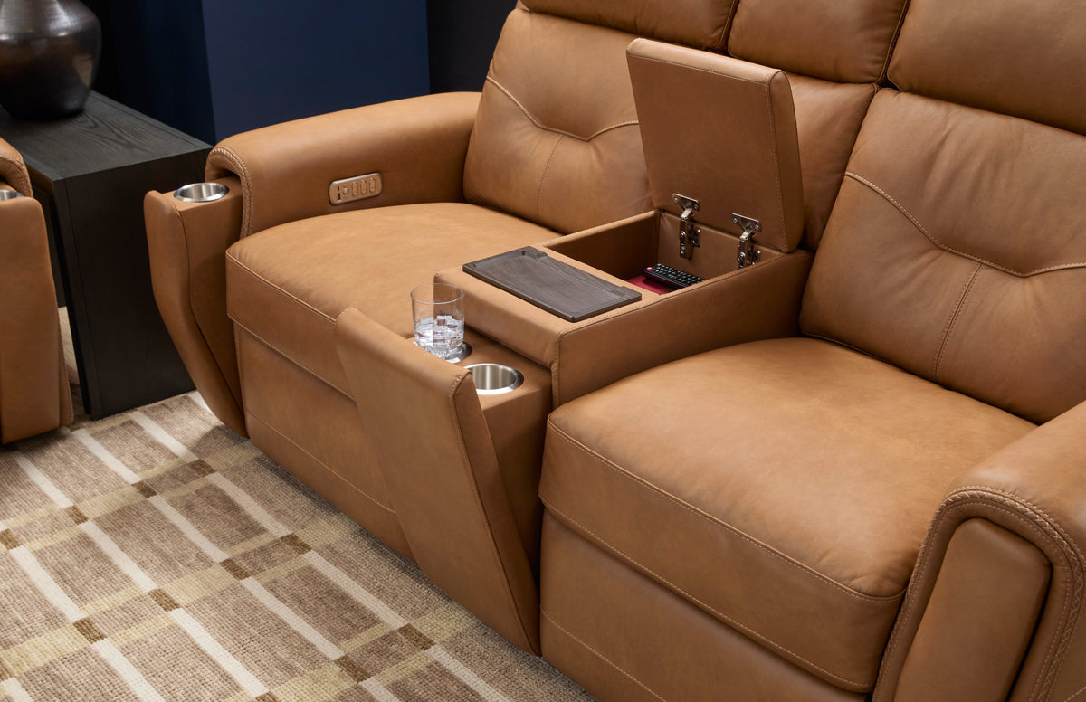 Felix Leather Power Reclining Loveseat with Console, Power Headrest, Lumbar, Heat & Massage