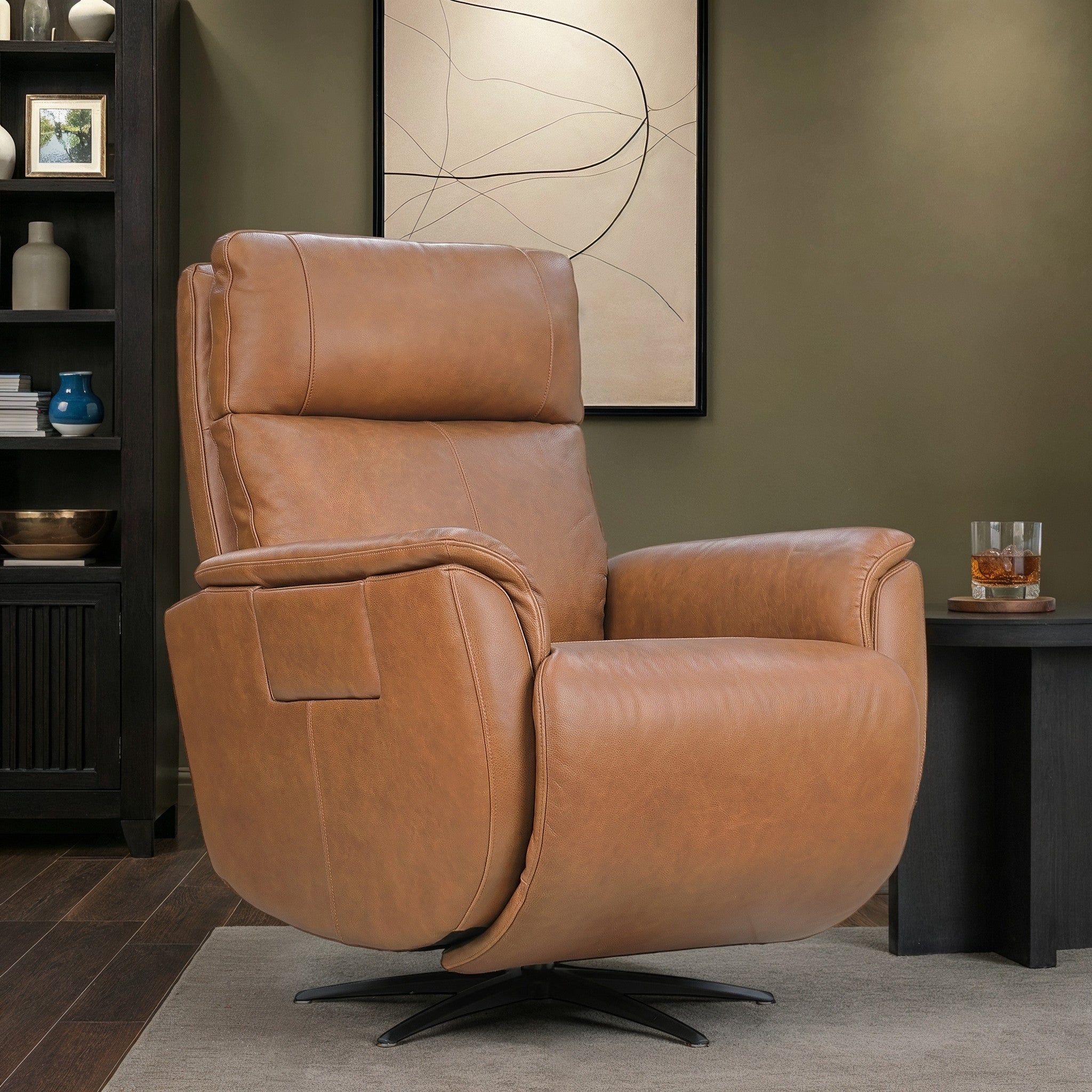 Cove Leather Power Swivel Recliner with Power Headrest, Lumbar, Heat, & Massage