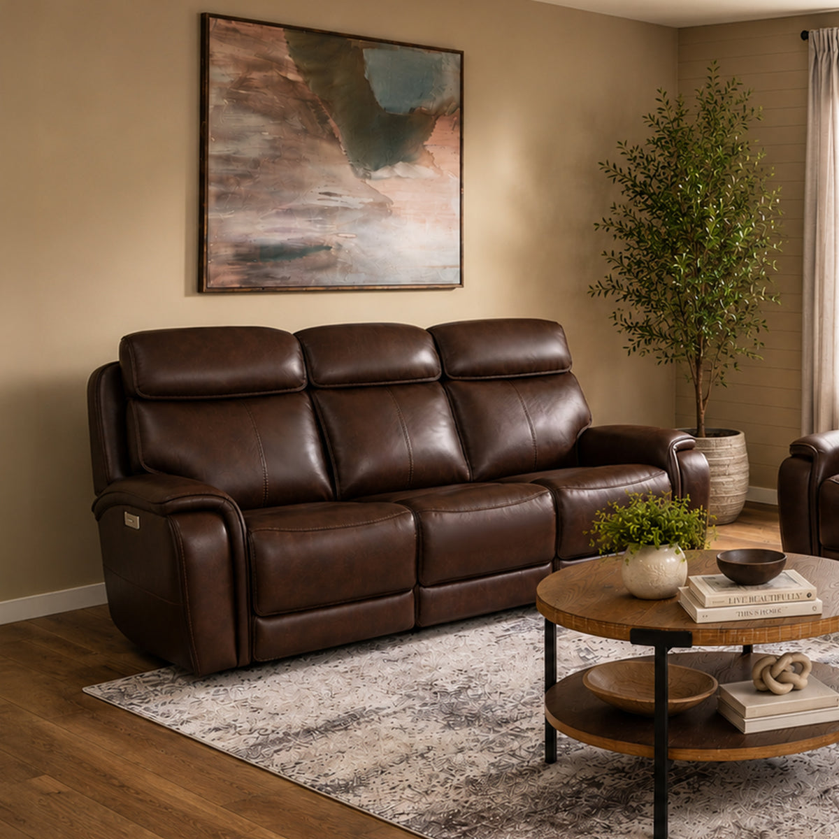Walker Leather Power Reclining Sofa w/ Console, Power Headrest & Lumbar