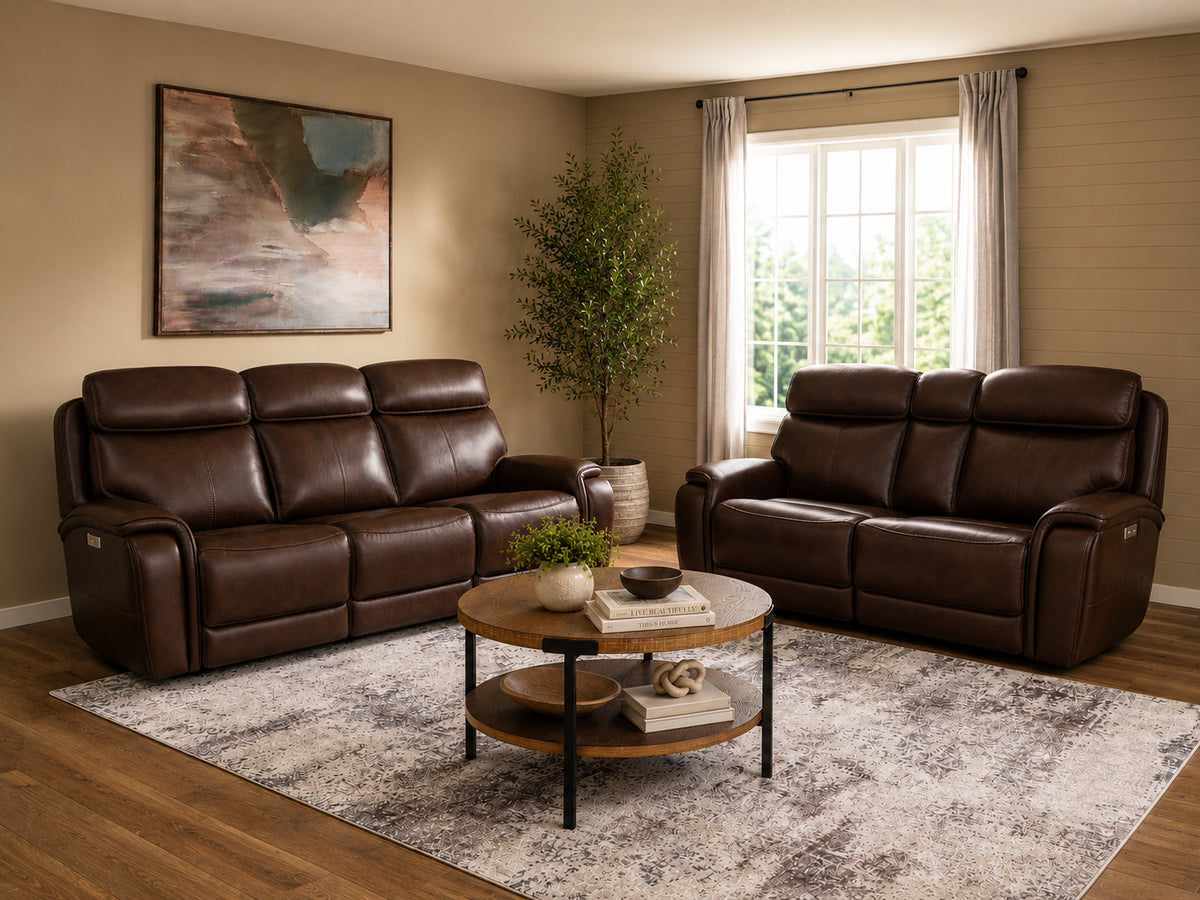 Walker Leather Power Reclining Sofa w/ Console, Power Headrest & Lumbar