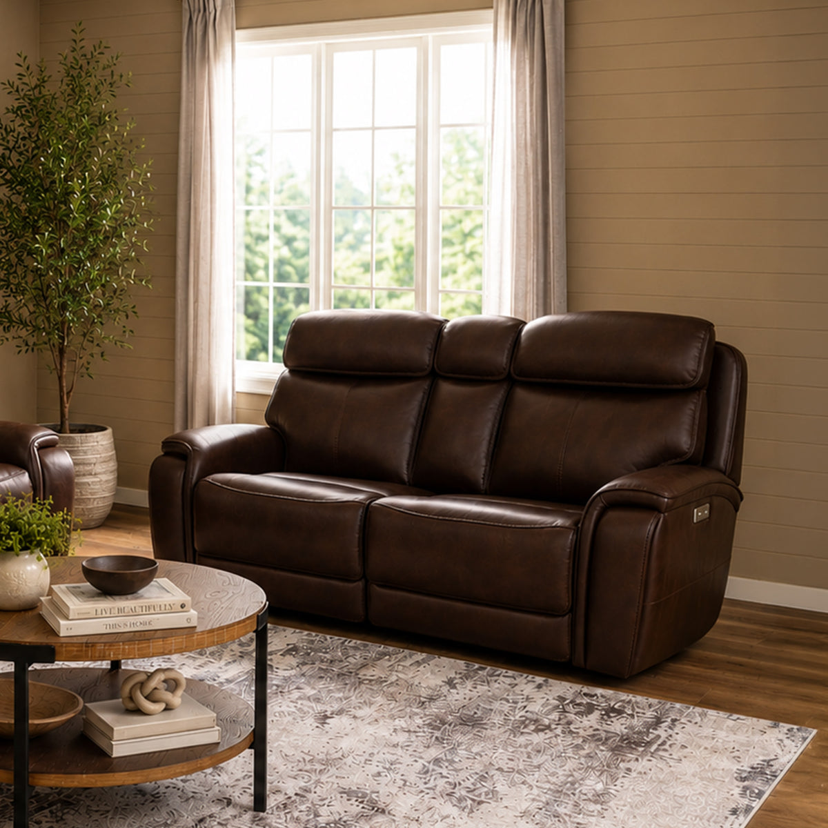 Walker Leather Power Reclining Loveseat w/ Power Headrest & Lumbar