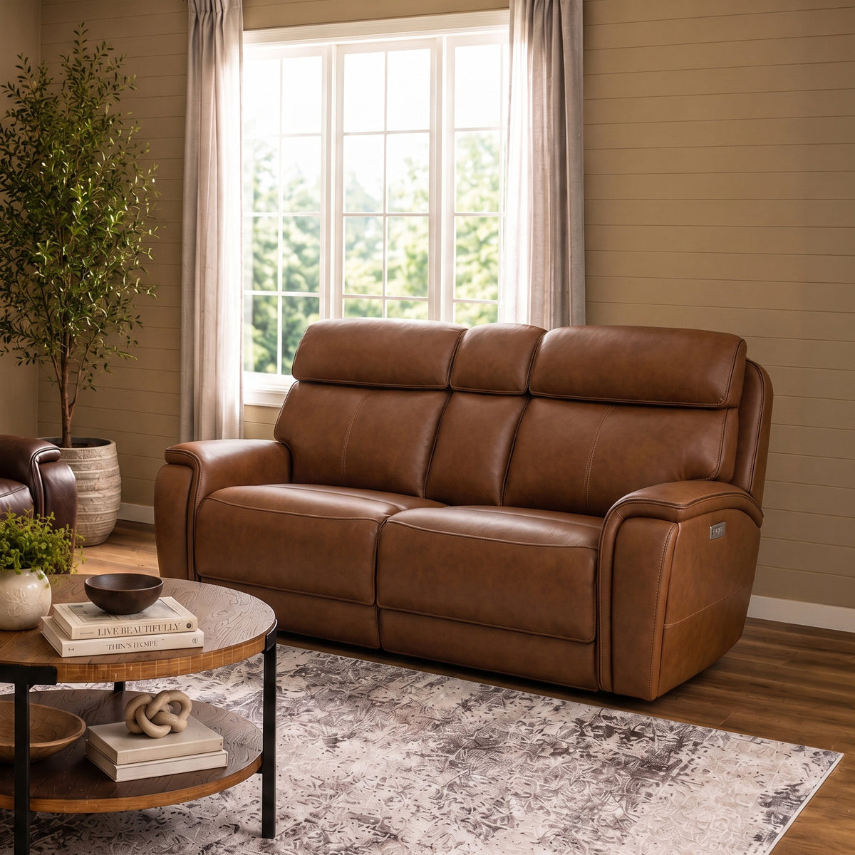 Walker Leather Power Reclining Loveseat w/ Console, Power Headrest & Lumbar