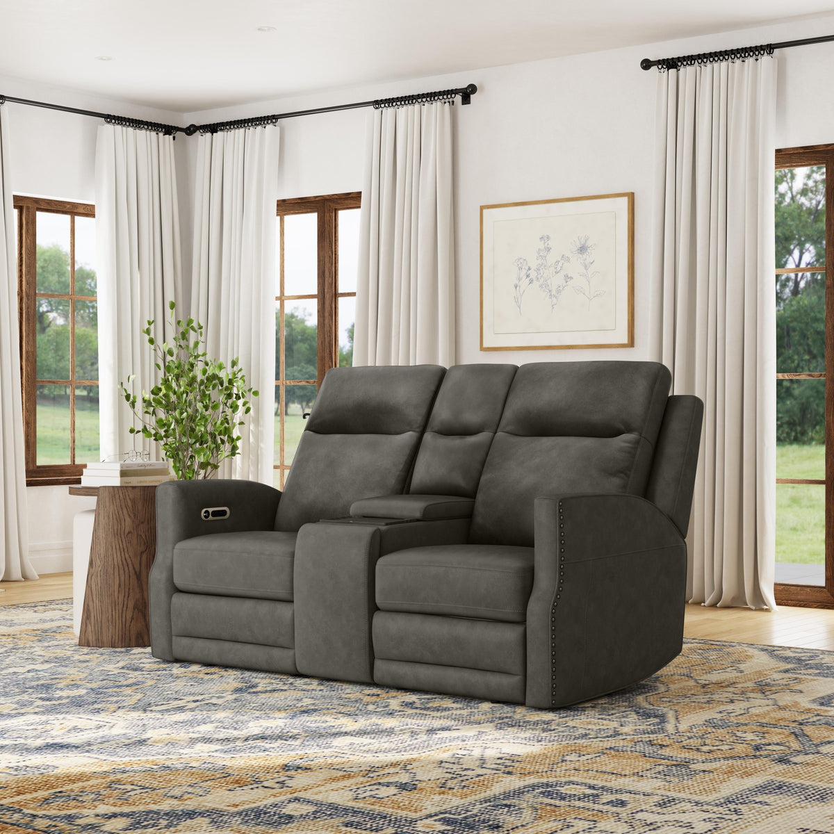 Maxwell Leather Power Reclining Loveseat with Console, Power Headrests and Lumbar