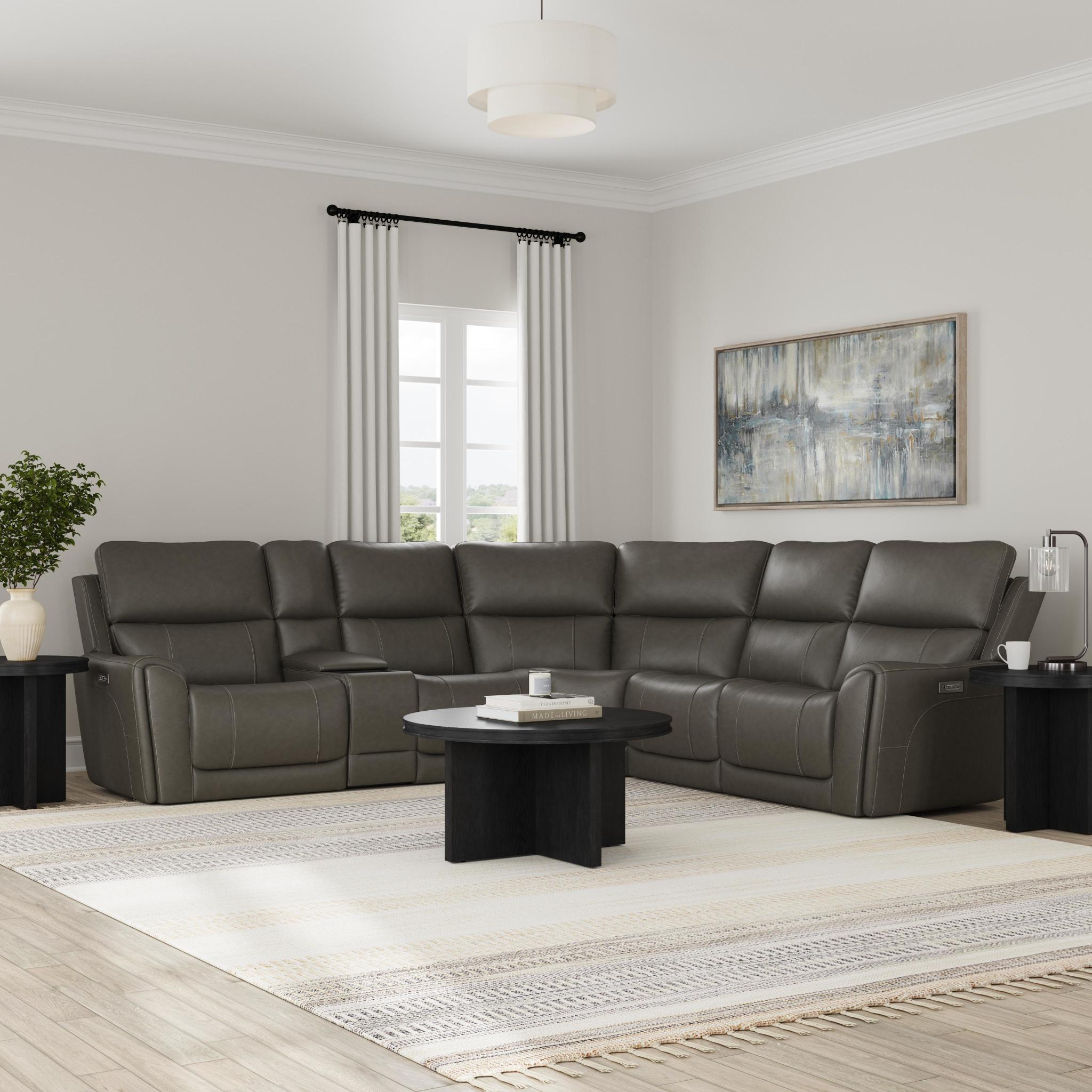 Carter Smoke Fabric Power Reclining Sectional with Power Headrests & Lumbar