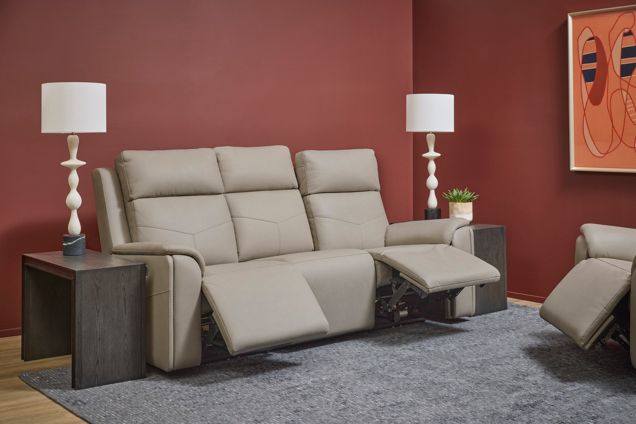 Vernon Vinyl Power Reclining Sofa with Console, Power Headrest, Lumbar, Heat & Massage