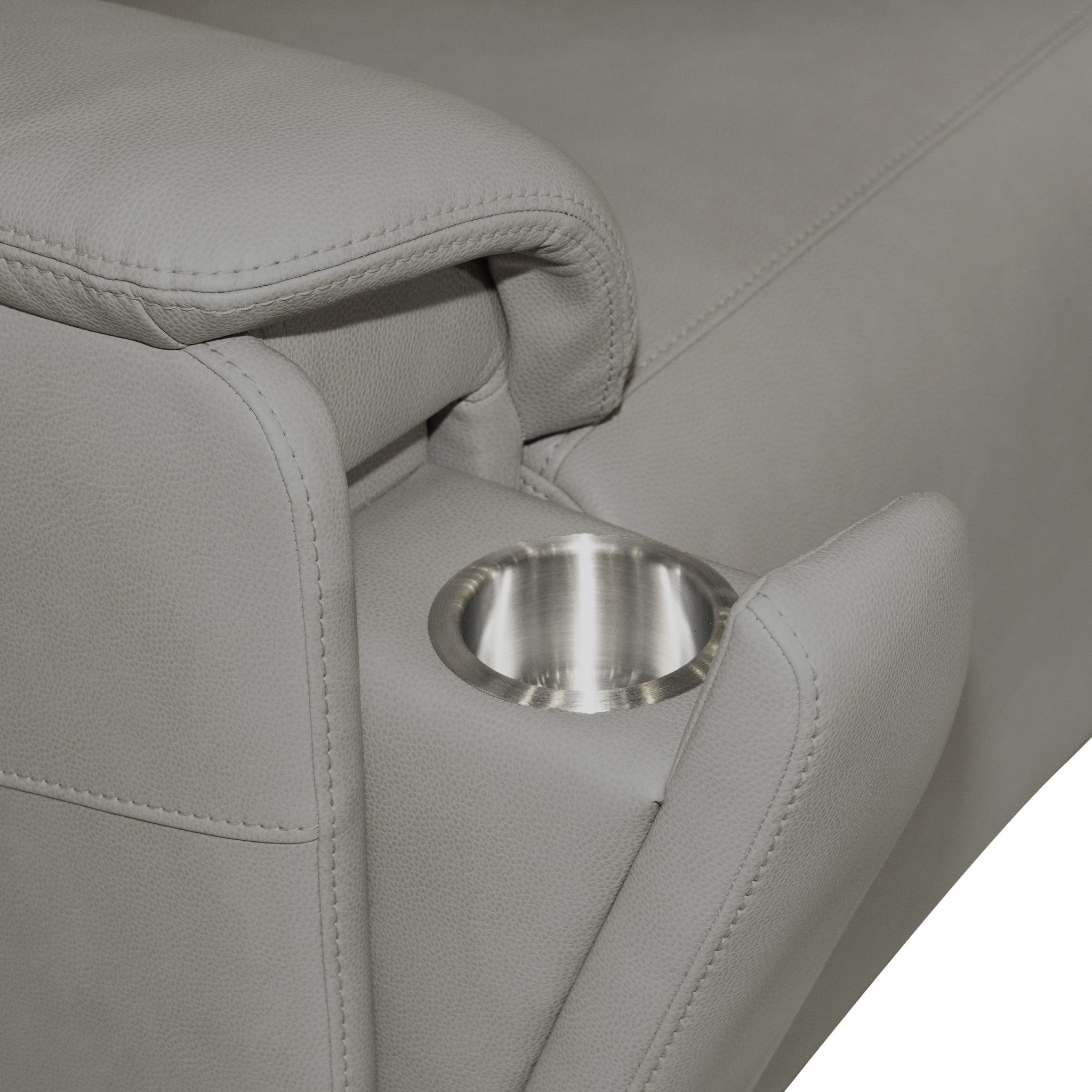 Vernon Dove Grey Vinyl Power Reclining Sofa with Console, Power Headrest, Lumbar, Heat & Massage
