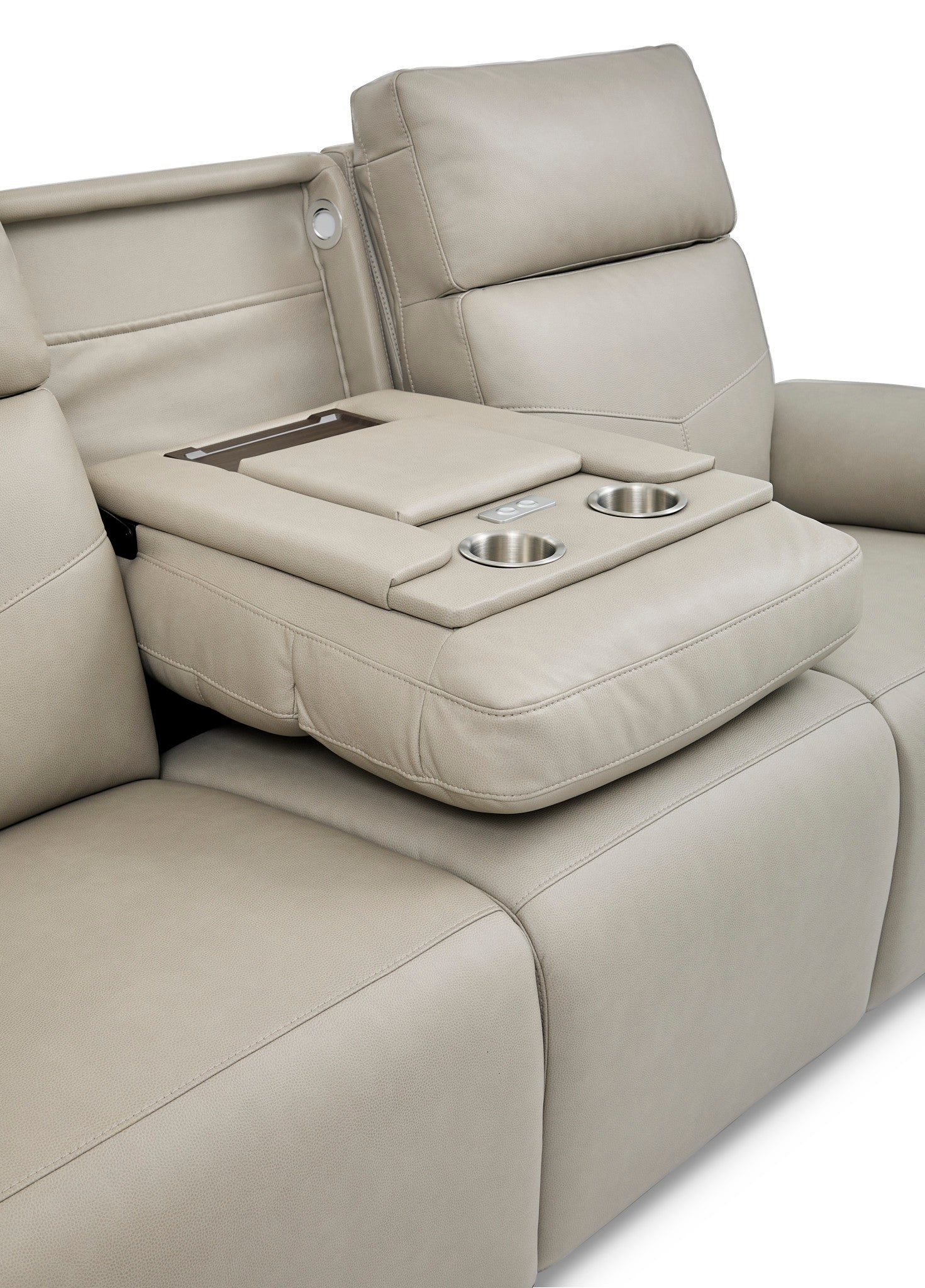 Vernon Dove Grey Vinyl Power Reclining Sofa with Console, Power Headrest, Lumbar, Heat & Massage