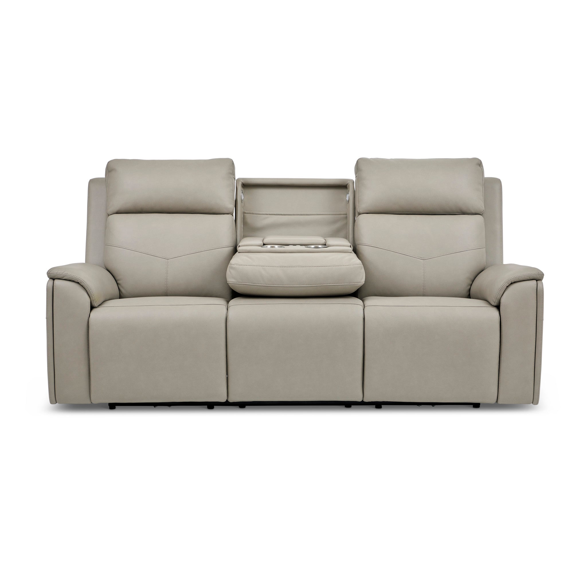Vernon Dove Grey Vinyl Power Reclining Sofa with Console, Power Headrest, Lumbar, Heat & Massage