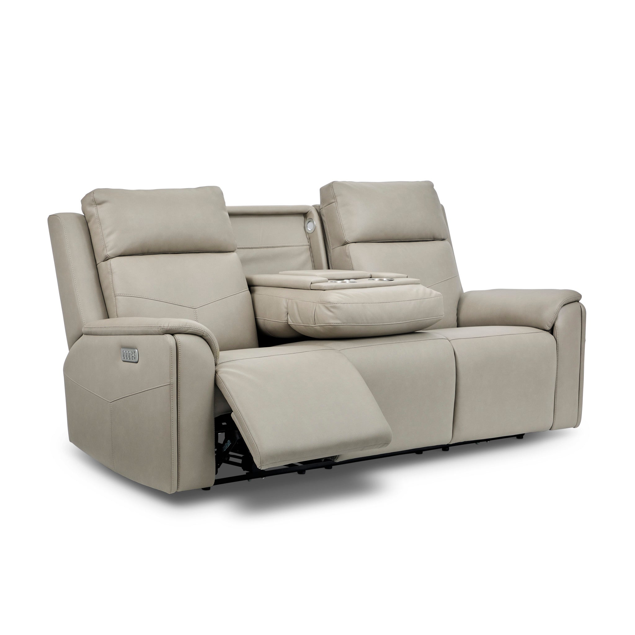 Vernon Dove Grey Vinyl Power Reclining Sofa with Console, Power Headrest, Lumbar, Heat & Massage
