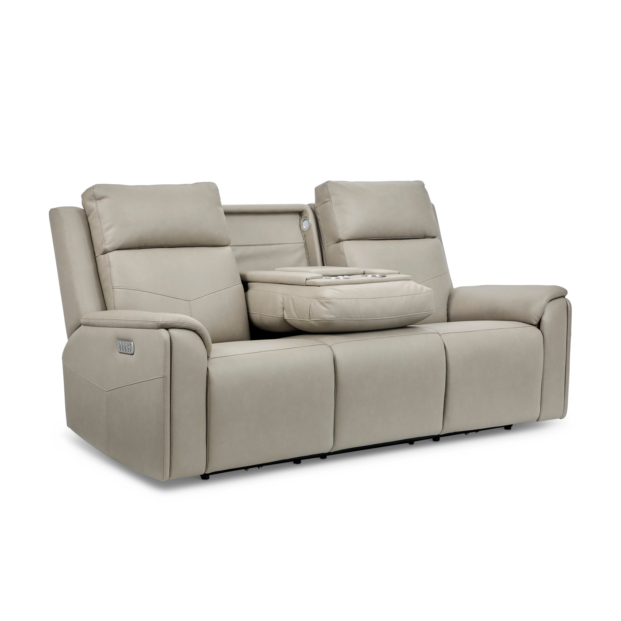 Vernon Dove Grey Vinyl Power Reclining Sofa with Console, Power Headrest, Lumbar, Heat & Massage