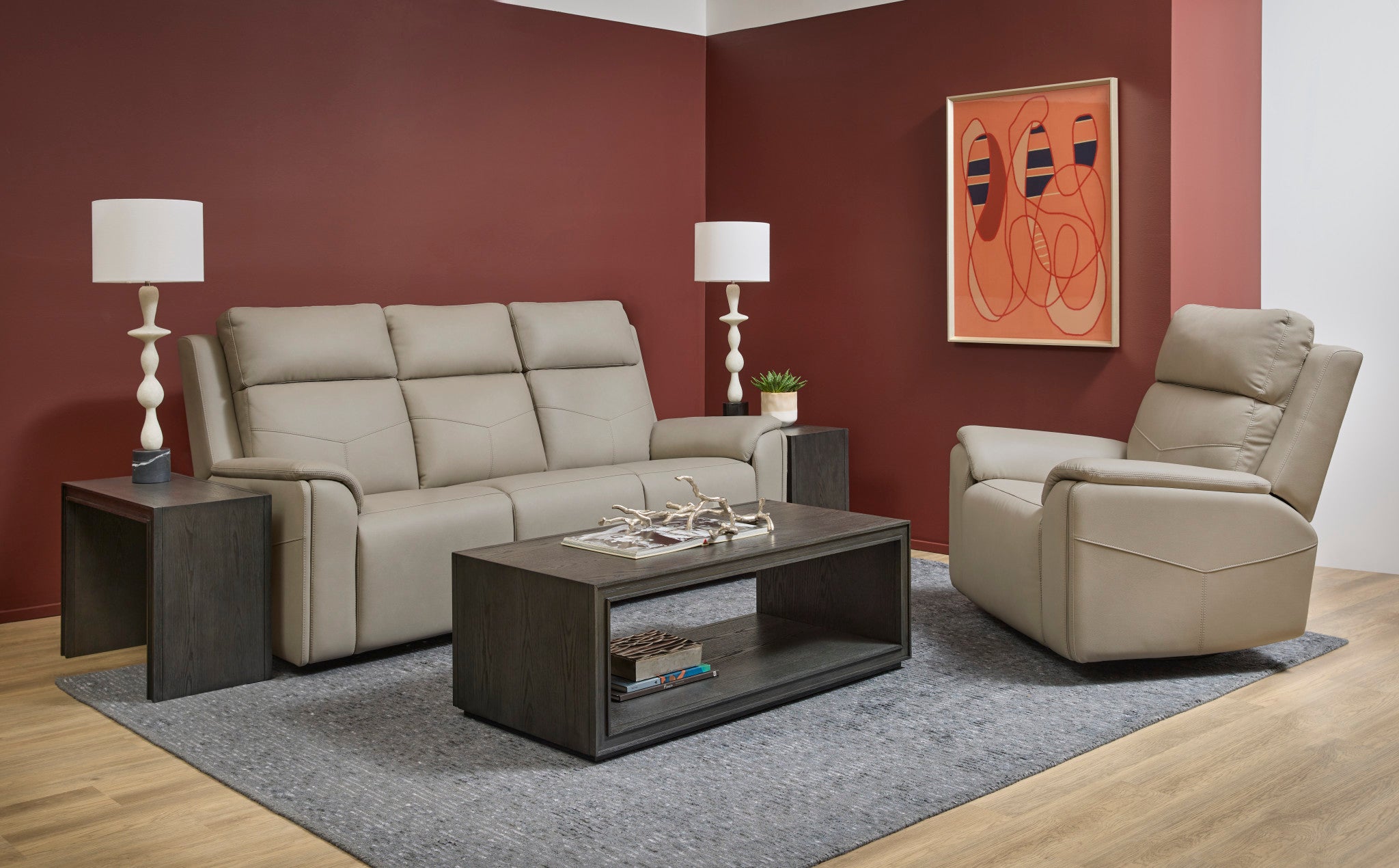 Vernon Dove Grey Vinyl Power Reclining Sofa with Console, Power Headrest, Lumbar, Heat & Massage