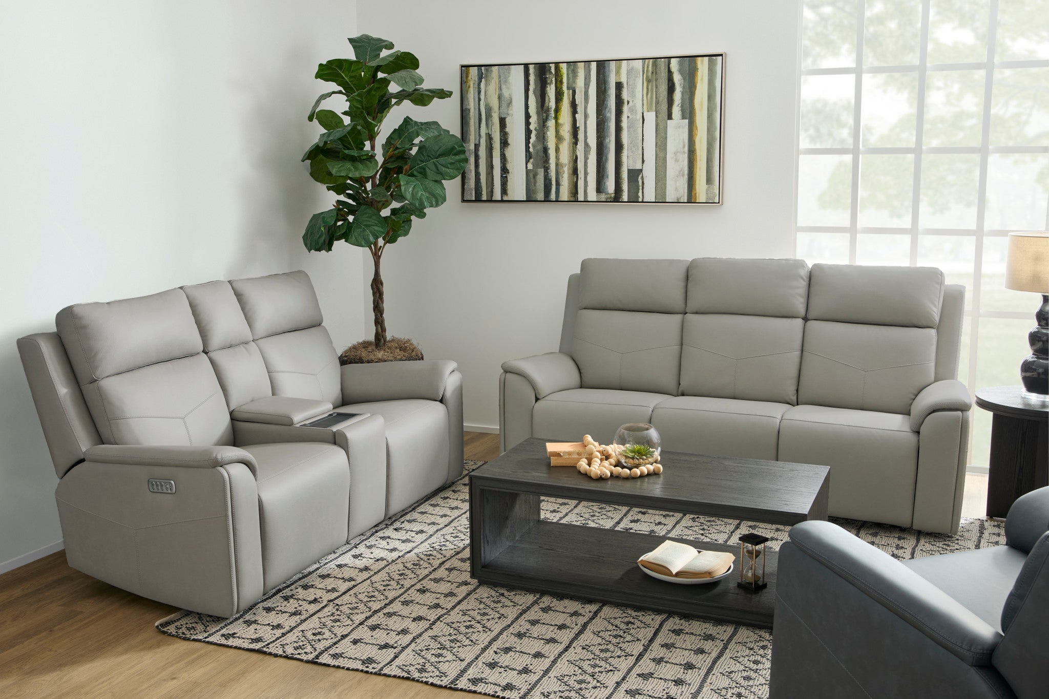 Vernon Dove Grey Fabric Power Reclining Loveseat with Console, Power Headrests, Lumbar, Heat & Massage