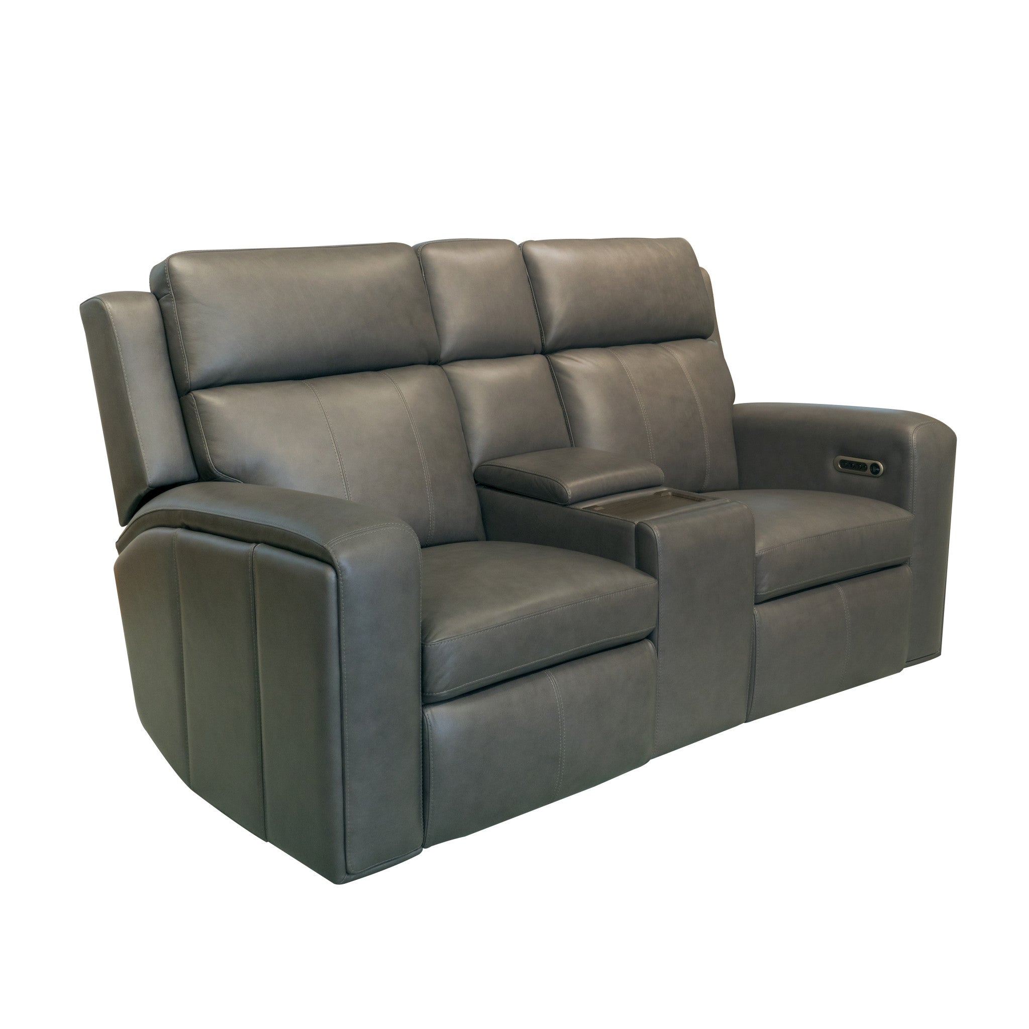 Wyatt Gunmetal Leather Power Reclining Loveseat with Console & Power Headrests & Lumbar