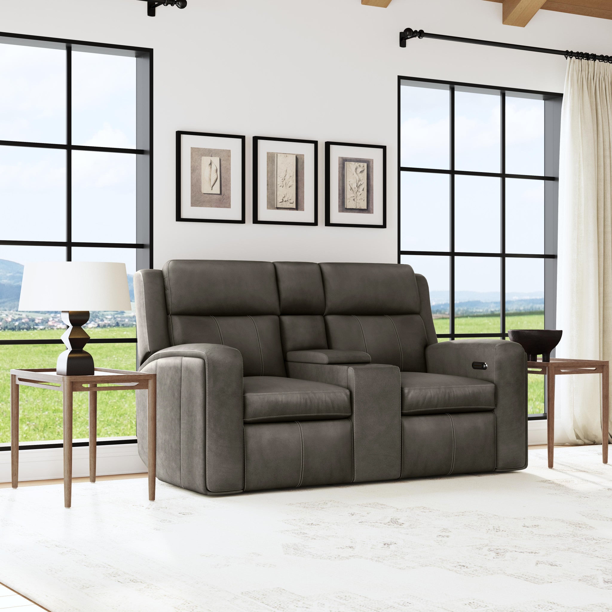 Wyatt Gunmetal Leather Power Reclining Loveseat with Console & Power Headrests & Lumbar