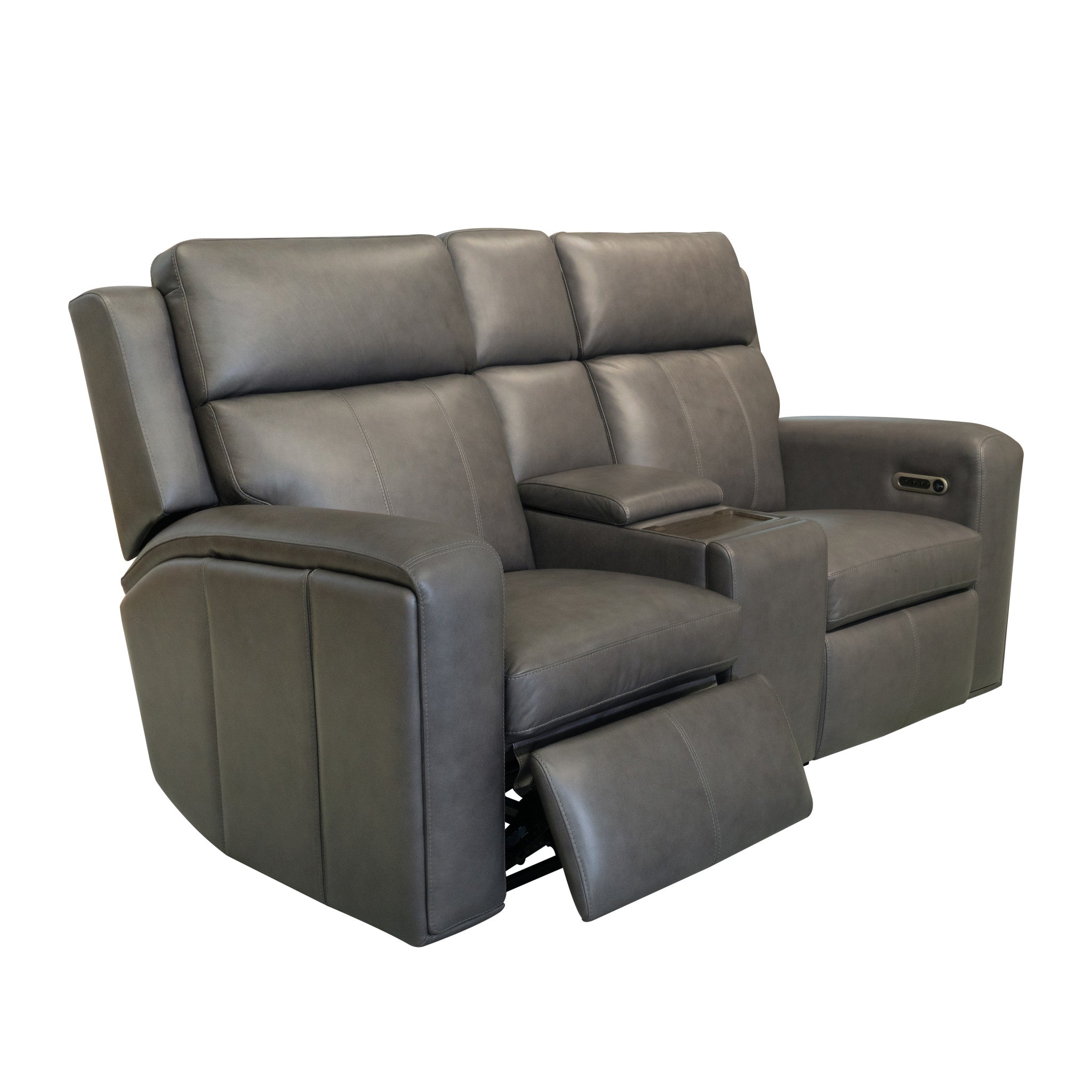 Wyatt Gunmetal Leather Power Reclining Loveseat with Console & Power Headrests & Lumbar