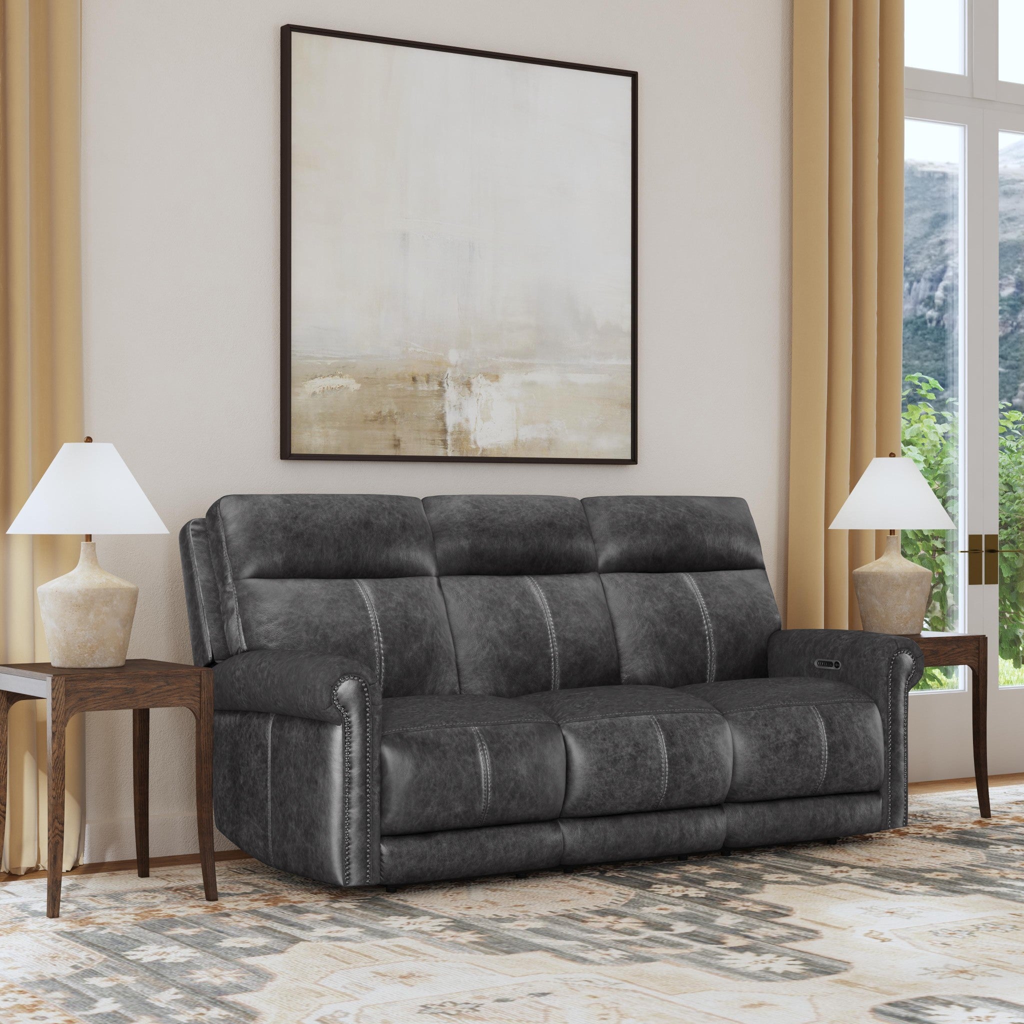 Alexander Leather Power Reclining Sofa with Console, Power Headrest & Lumbar