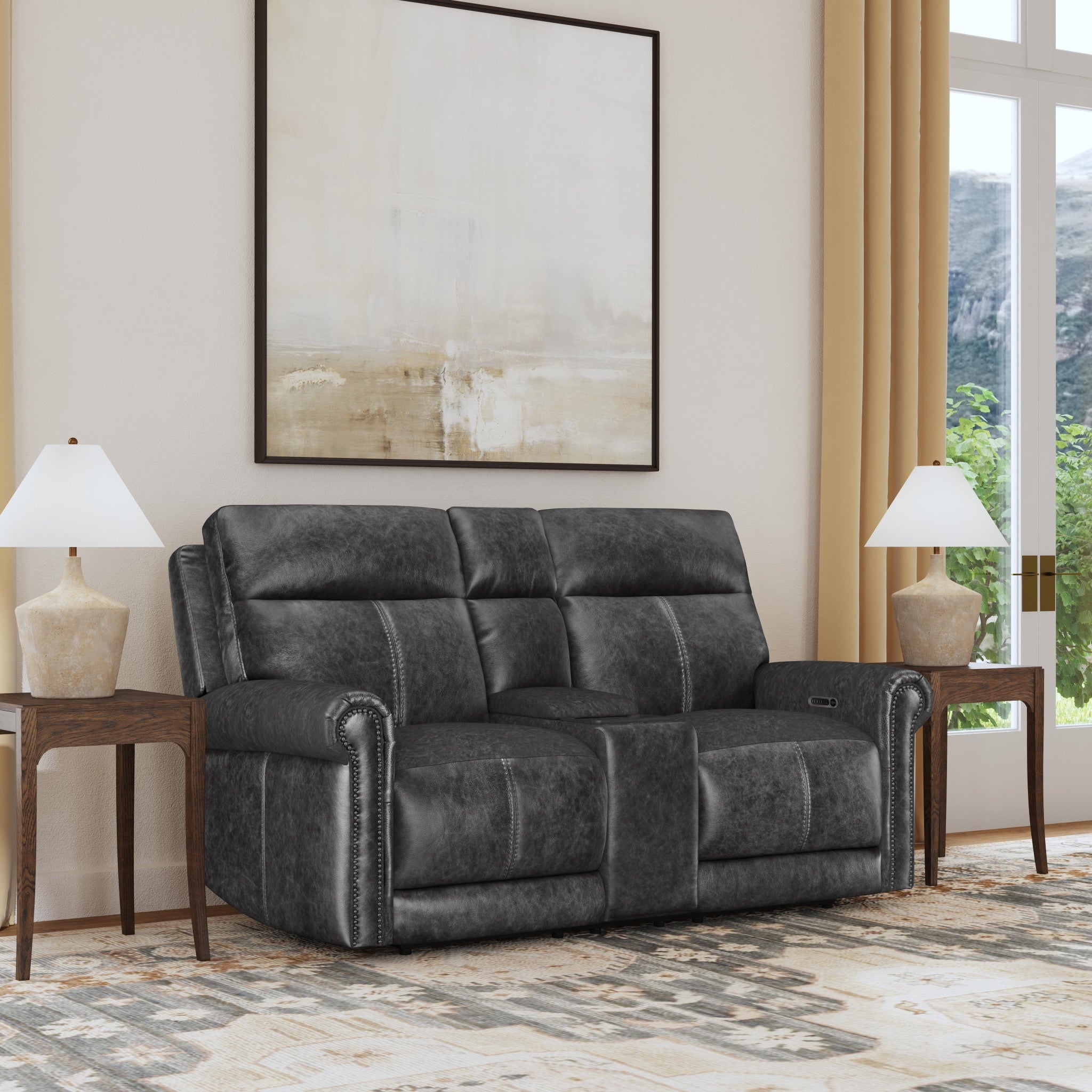 Alexander Leather Power Reclining Loveseat with Console, Power Headrest & Lumbar