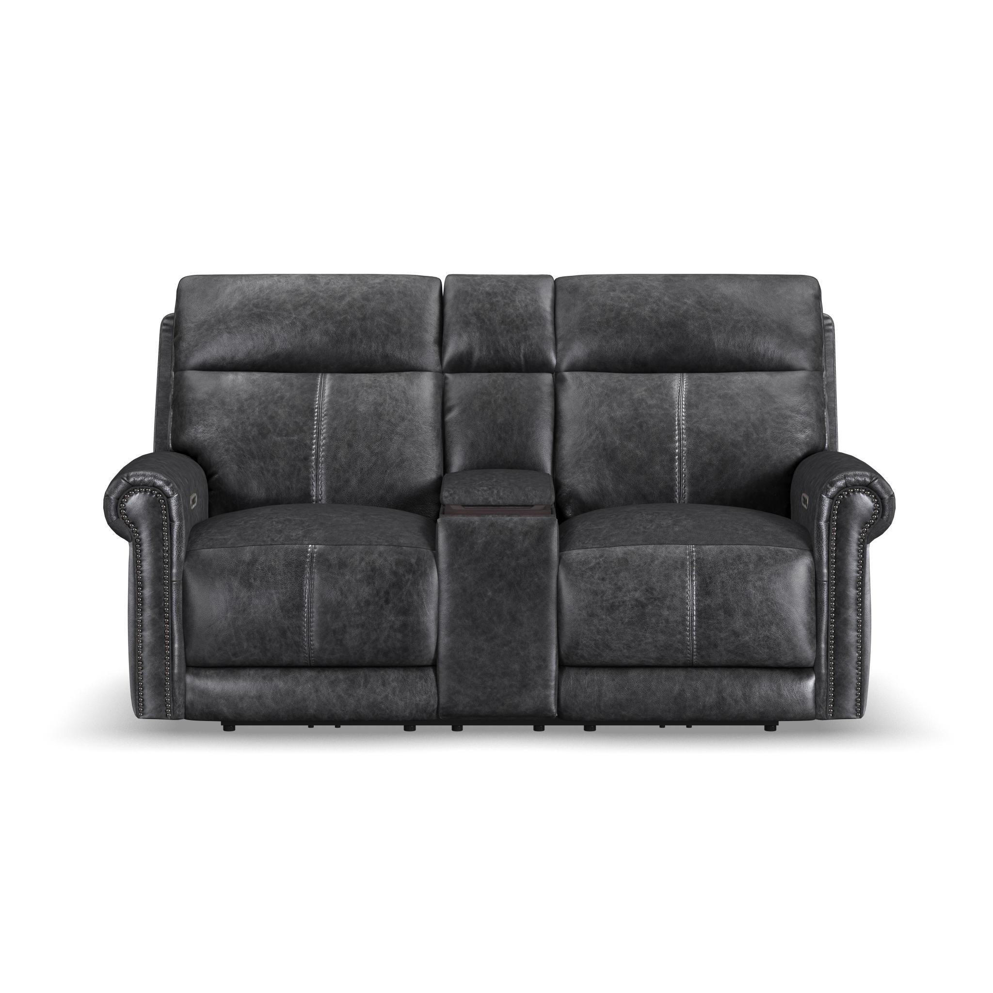 Alexander Weathered Stone Leather Power Reclining Loveseat with Console, Power Headrest & Lumbar
