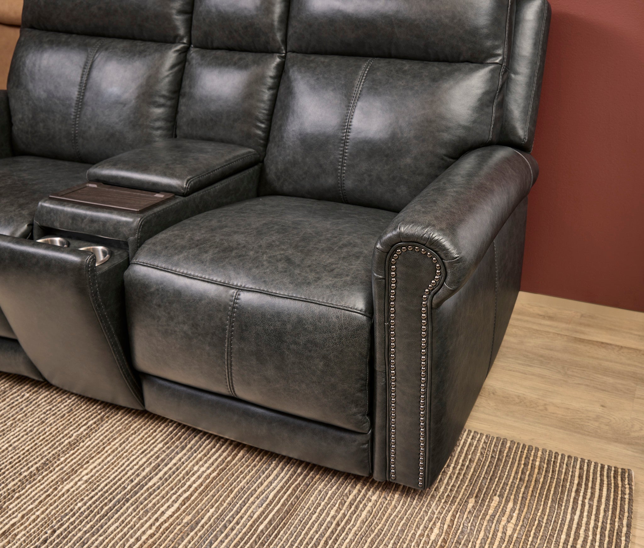 Alexander Weathered Stone Leather Power Reclining Loveseat with Console, Power Headrest & Lumbar