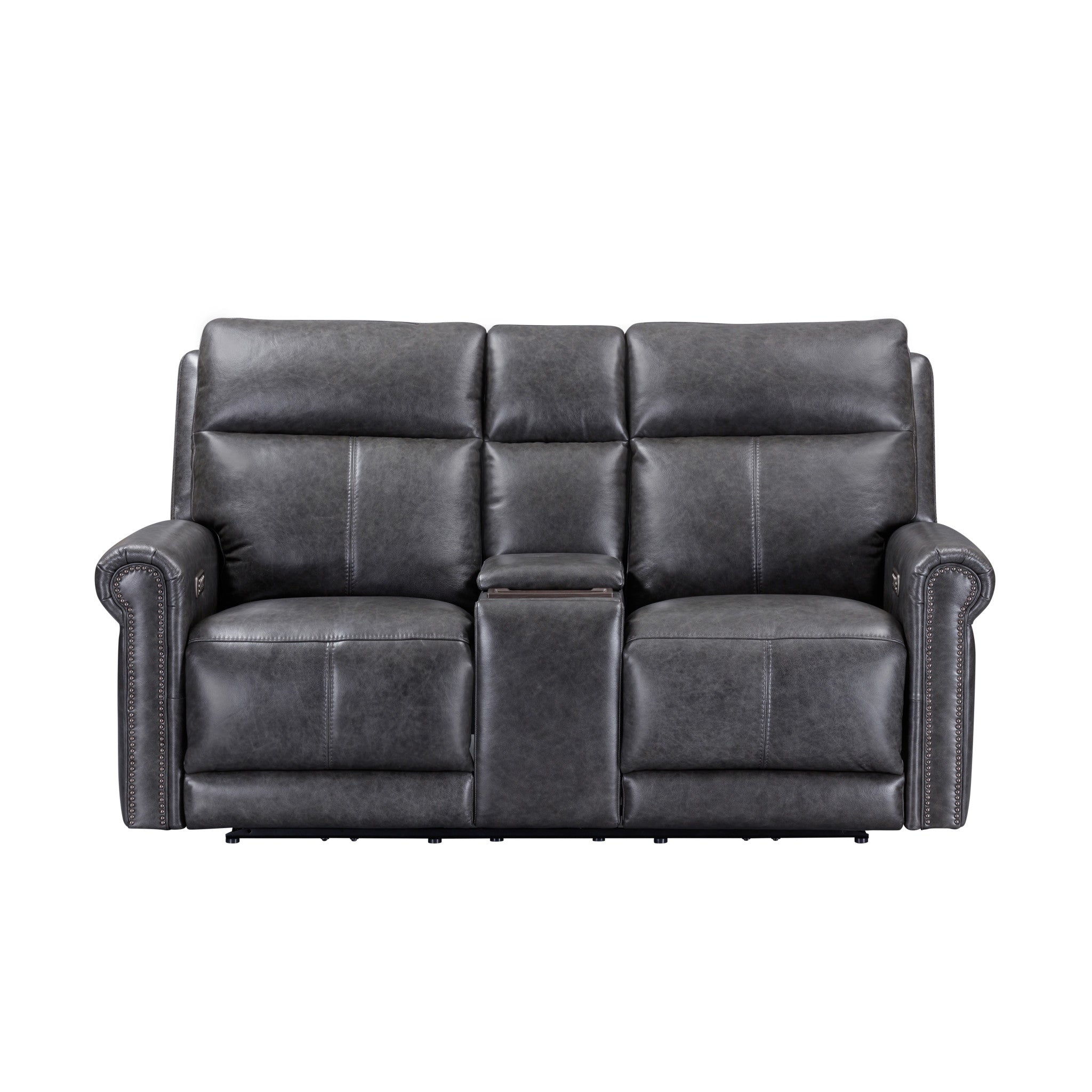 Alexander Weathered Stone Leather Power Reclining Loveseat with Console, Power Headrest & Lumbar