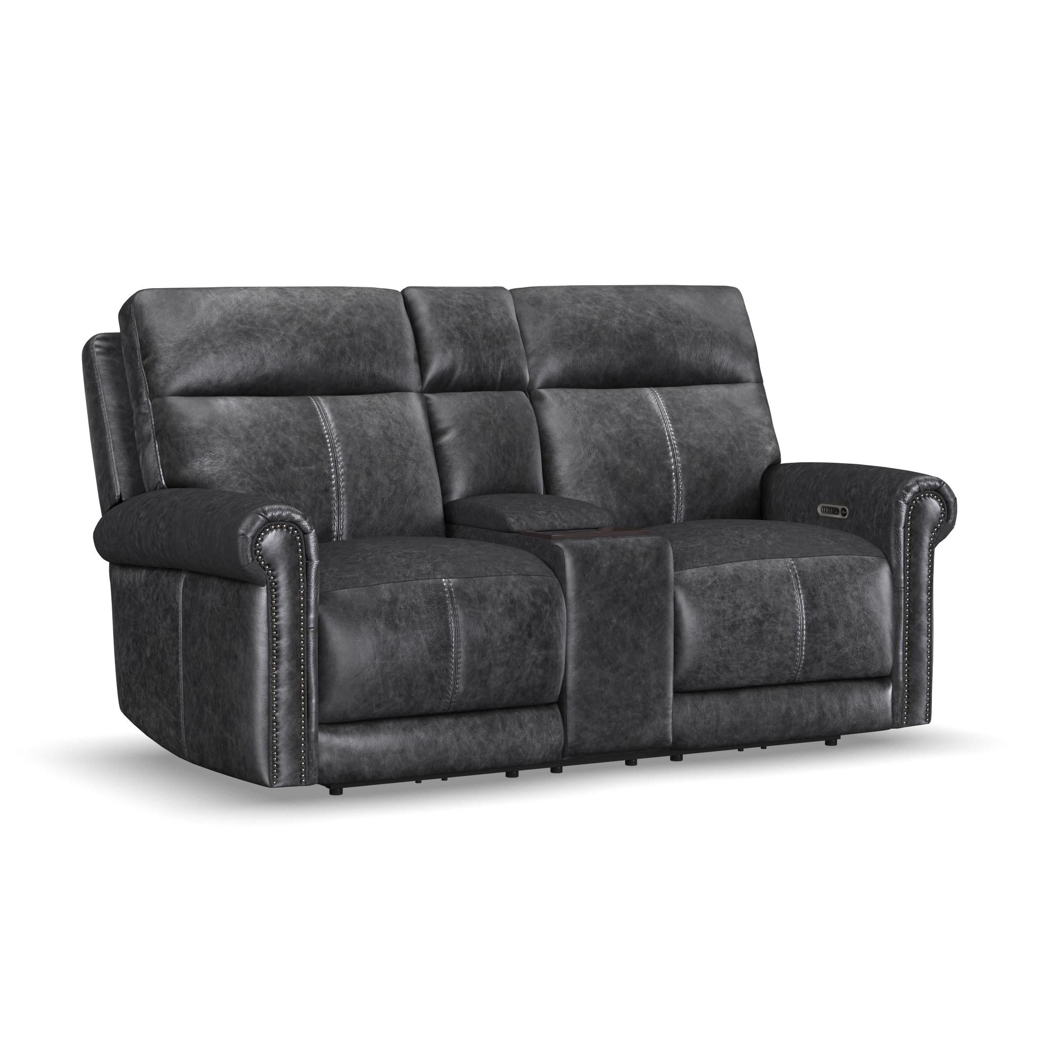 Alexander Weathered Stone Leather Power Reclining Loveseat with Console, Power Headrest & Lumbar